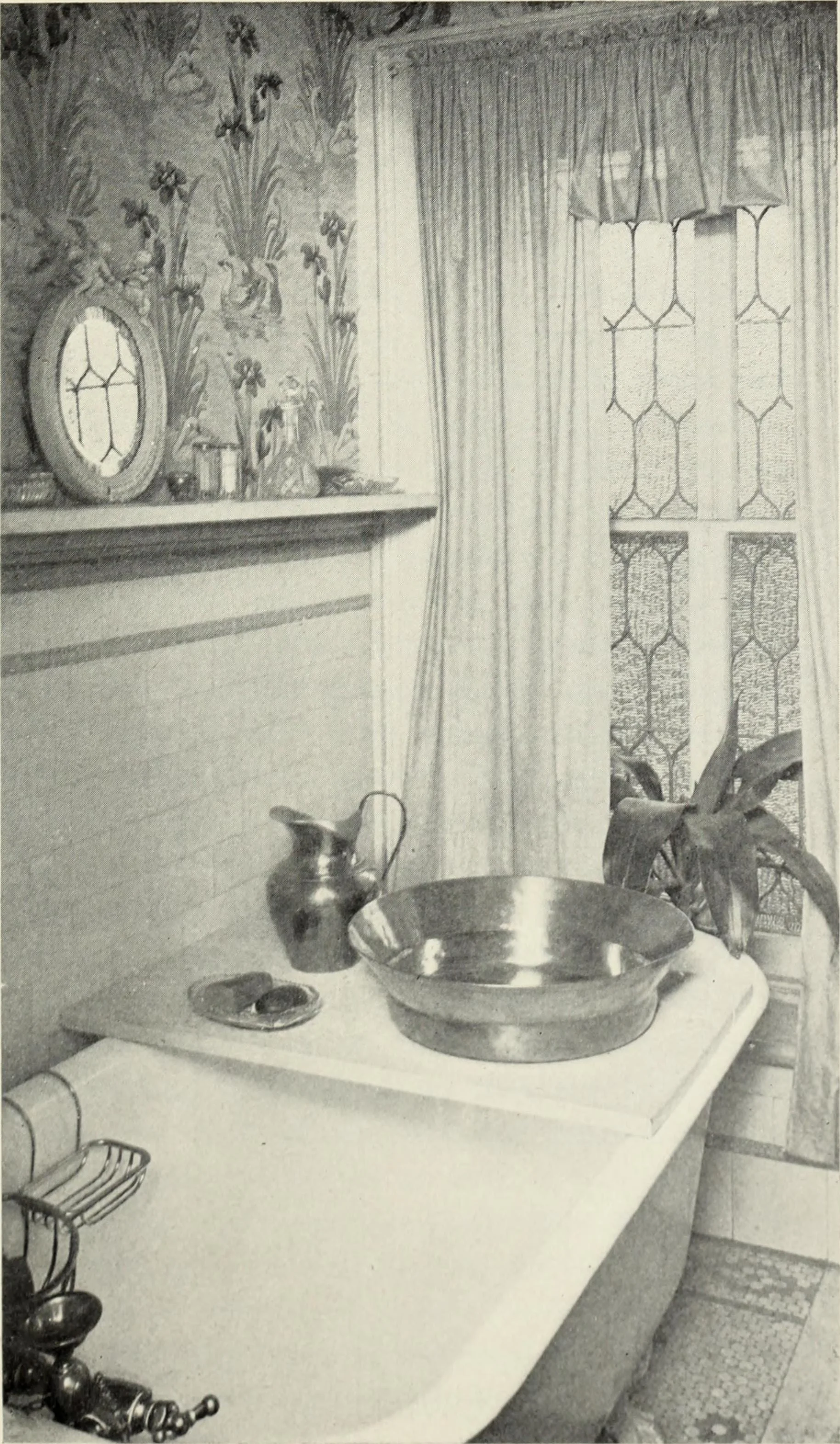 Bathroom featured in Lillie Hamilton French's Homes and Their Decoration , Dodd, Mead and Company, New York, 1903 via Flickr . We can't tell you what the color palette was but we can tell you these people weren't afraid to really go for it when it came to pattern and details.