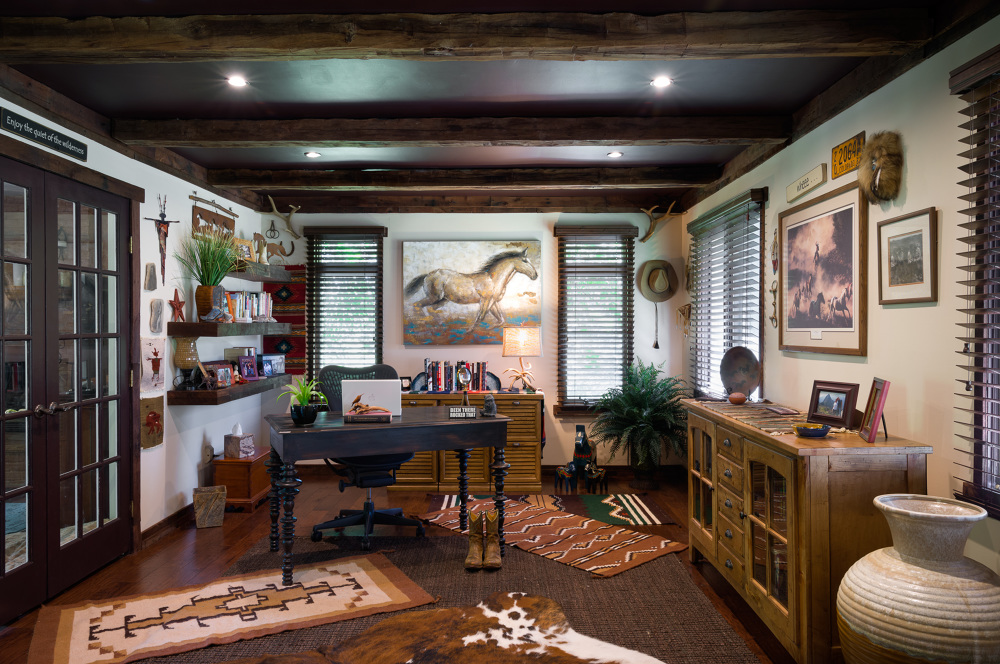By Ella Design Group. This eclectic home office we created has a global nomad vibe and a few pops of Cavern Clay (terra cotta can work; just not splashed across every wall).