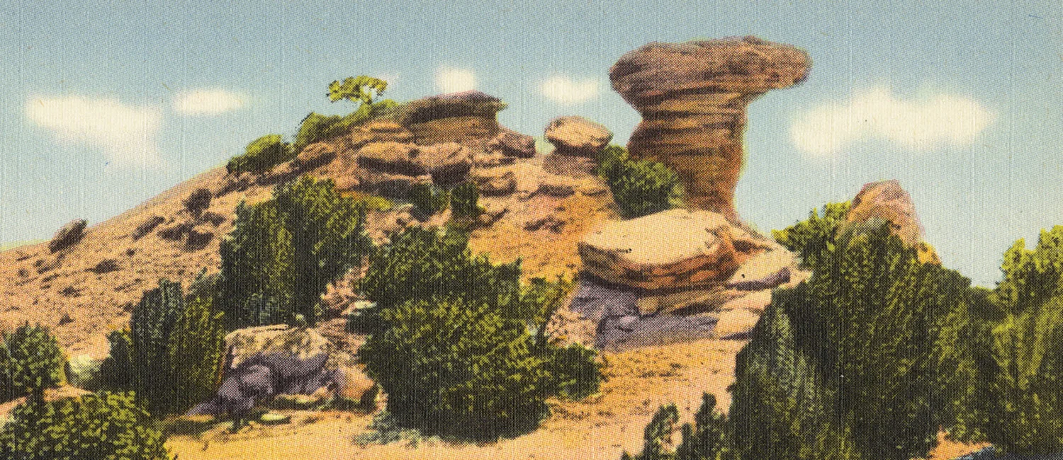 Postcard from the 1930s showing Camel Rock, a famous local landmark located on Tesuque Pueblo near Pojoaque, NM