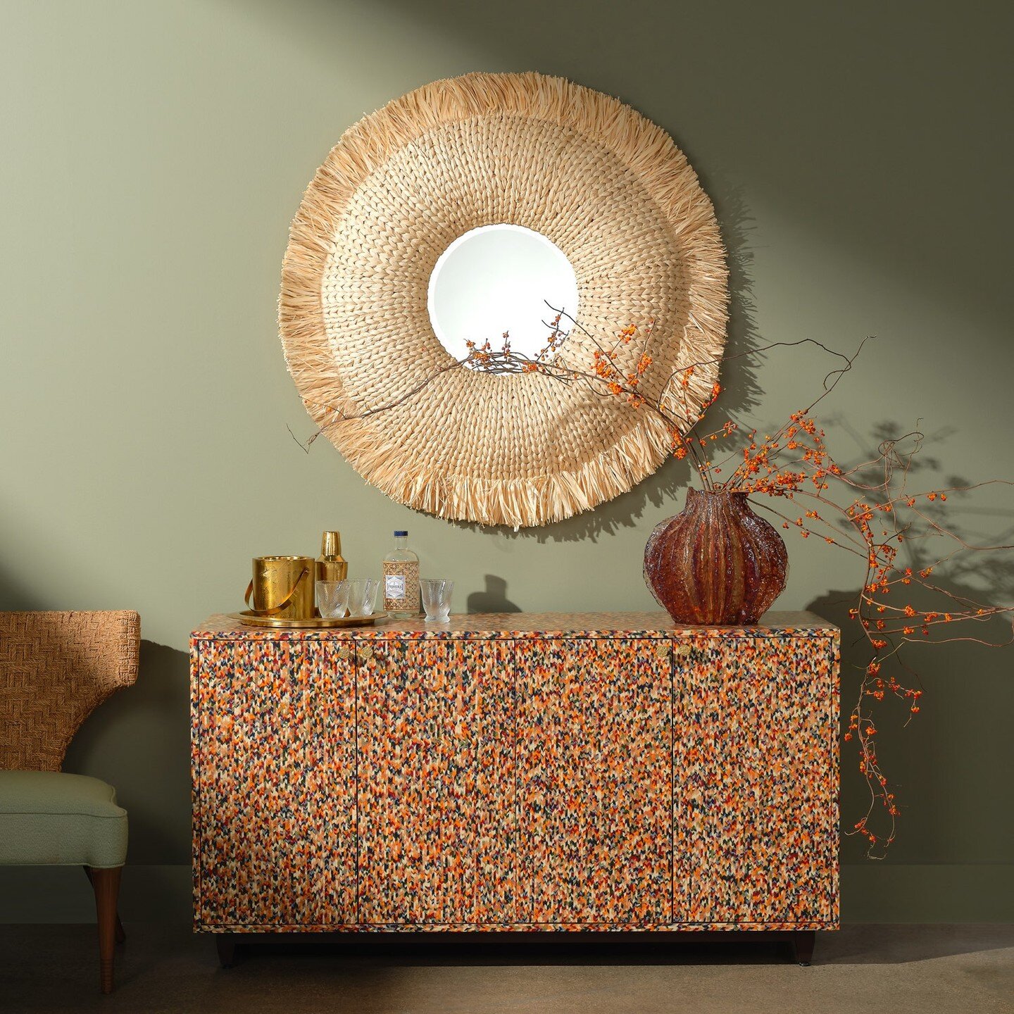 The MARTINA BUFFET 
This colorful, gorgeously patterned buffet makes an impactful statement in the home. Made from veneer in a marquetry style and finish. Due to variations in color, texture, and grain patterns, no two patterns are exactly alike. Sun