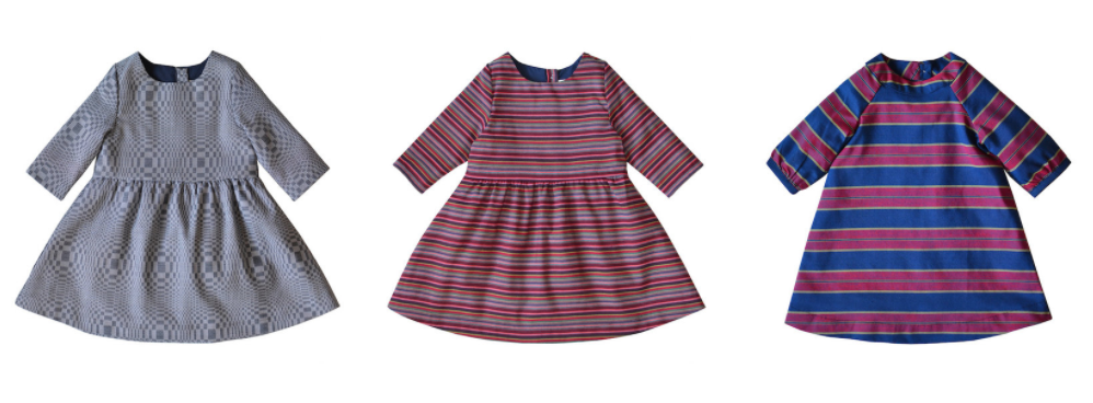 From left to right: Salud Dress in Navy and Multi Stripe, Juliana Dress in Violet ($85 each)