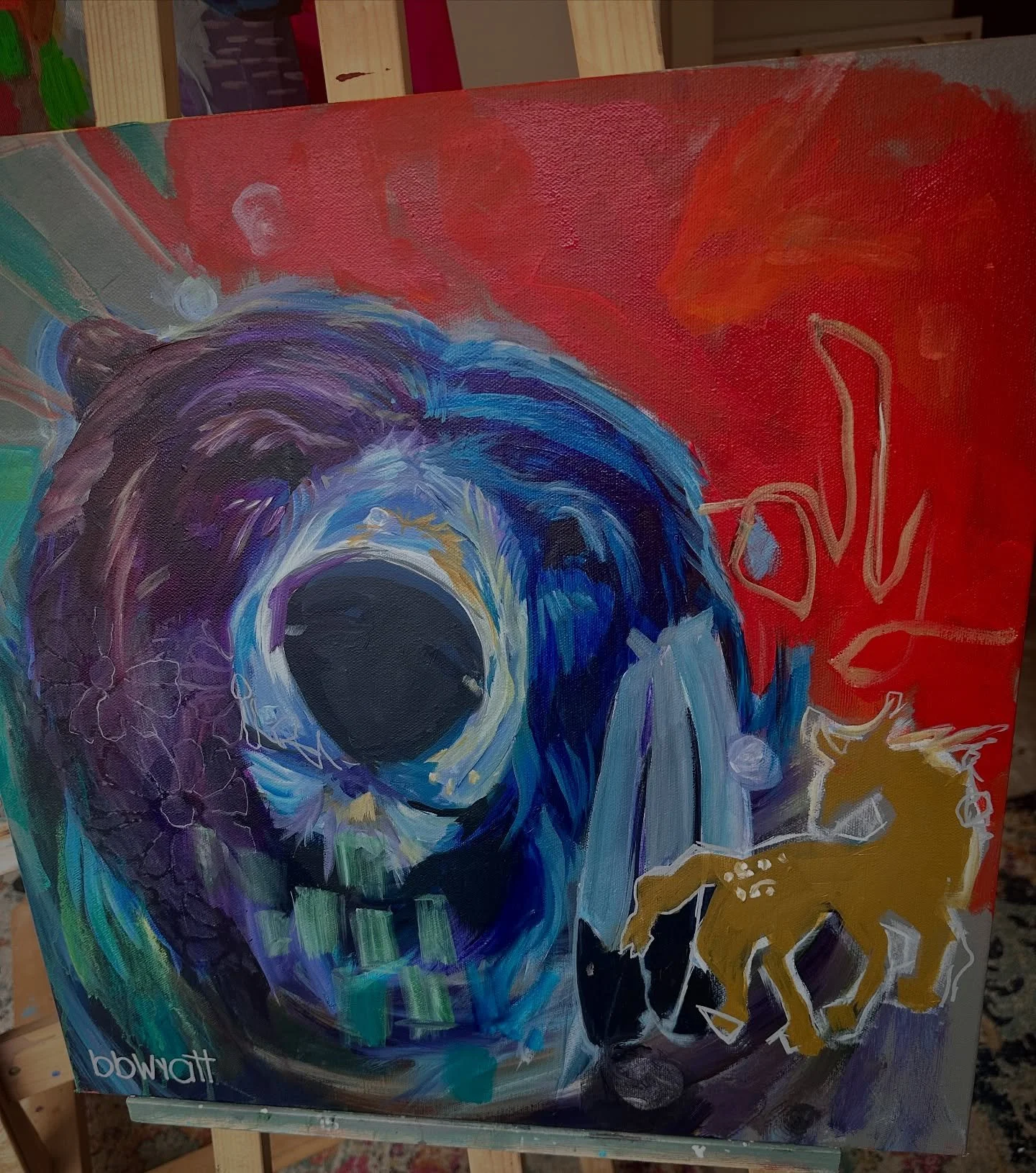 Kinda a weird little painting sitting around. &hellip;
Getting off topic again&hellip; I&rsquo;m pretty sure it&rsquo;s my superpower. 
#bears #wip #abstract #artgallery