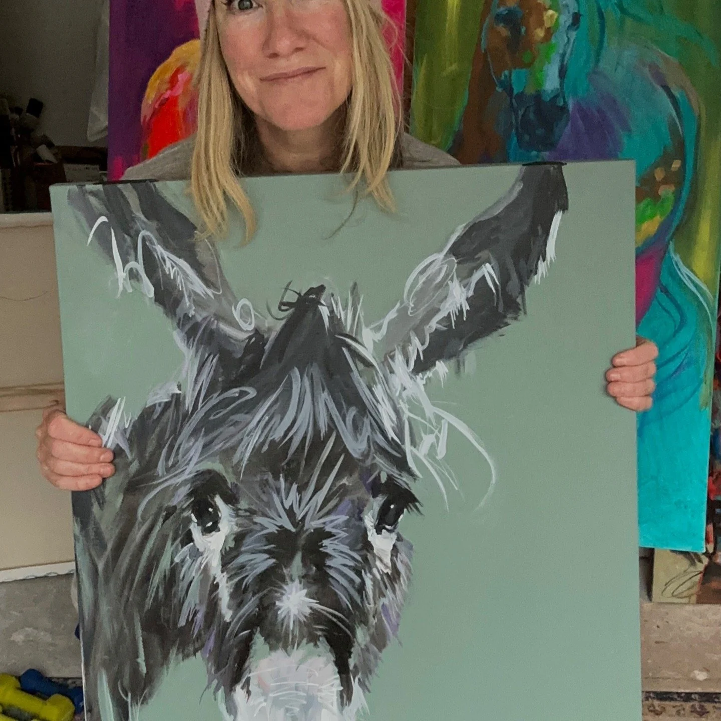 Hi Everyone! Meet Easy! My newest Painting!! This is hand-painted by a human, original, one-of-a-kind donkey&mdash;no copies, no reruns, no &ldquo;limited edition&rdquo; that somehow isn&rsquo;t limited. Every line, texture, and mark was painted by h
