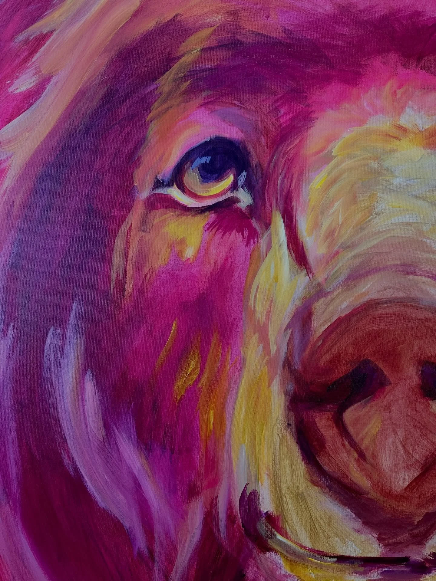 A million different shades of pink. I&rsquo;ve been meaning to paint this bear for so long. Alllllllll the pinks and yellows browns and purples. She* will be a stunner!!!! 
54x53 WIP ⚠️ 
#bigbear #grizzly #gallery #collectableart #bears