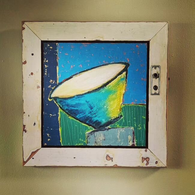 A few years back, I went through an abstract bowl painting phase (which I may need to revisit!). I think the overall interest of this one was elevated, though when my husband made a frame using the wood from an old door. This might just make you reth