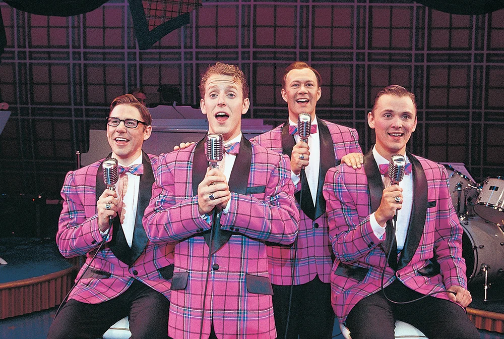 Brian Vaughn (left) as Smudge, Jered Tanner as Jinx, Michael Fitzpatrick as Frankie, and Gregory Ivan Smith as Sparky in the 1999 Utah Shakespeare Festival production of Forever Plaid. (Copyright Utah Shakespeare Festival.)