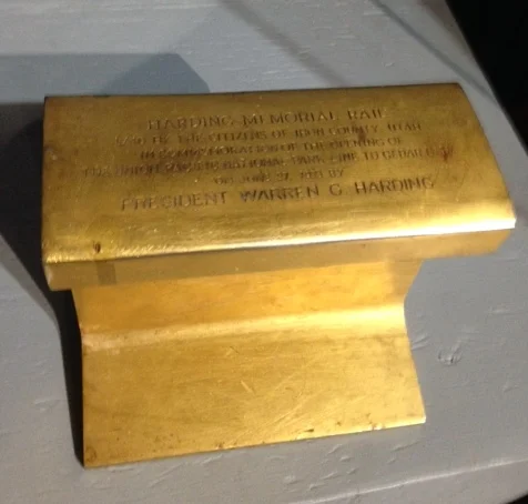 To commemorate the President's visit, sections of the rail track were pulled up and given as souvenirs. This section is on display at Frontier Homestead State Park.