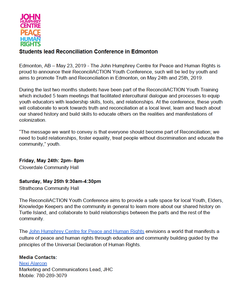 Media Release: Students lead Reconciliation Conference in Edmonton