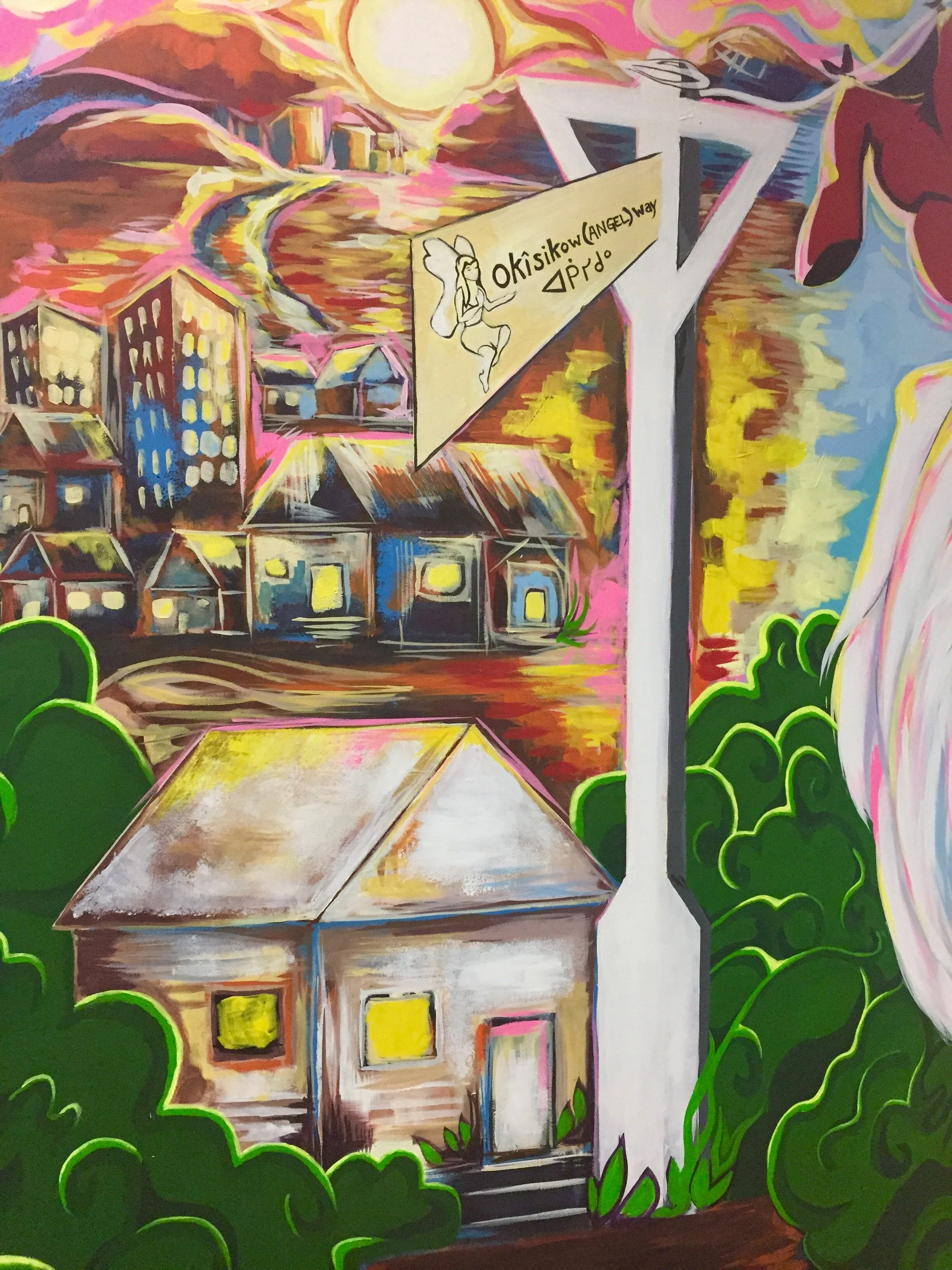  Okîsikow (Angel) Way was originally unveiled in Edmonton on June 14, 2011. The sign blade, designed by Gloria Neapetung, an Indigenous artist and activist, honours women who have experienced violence and is a reminder that victims of domestic violen