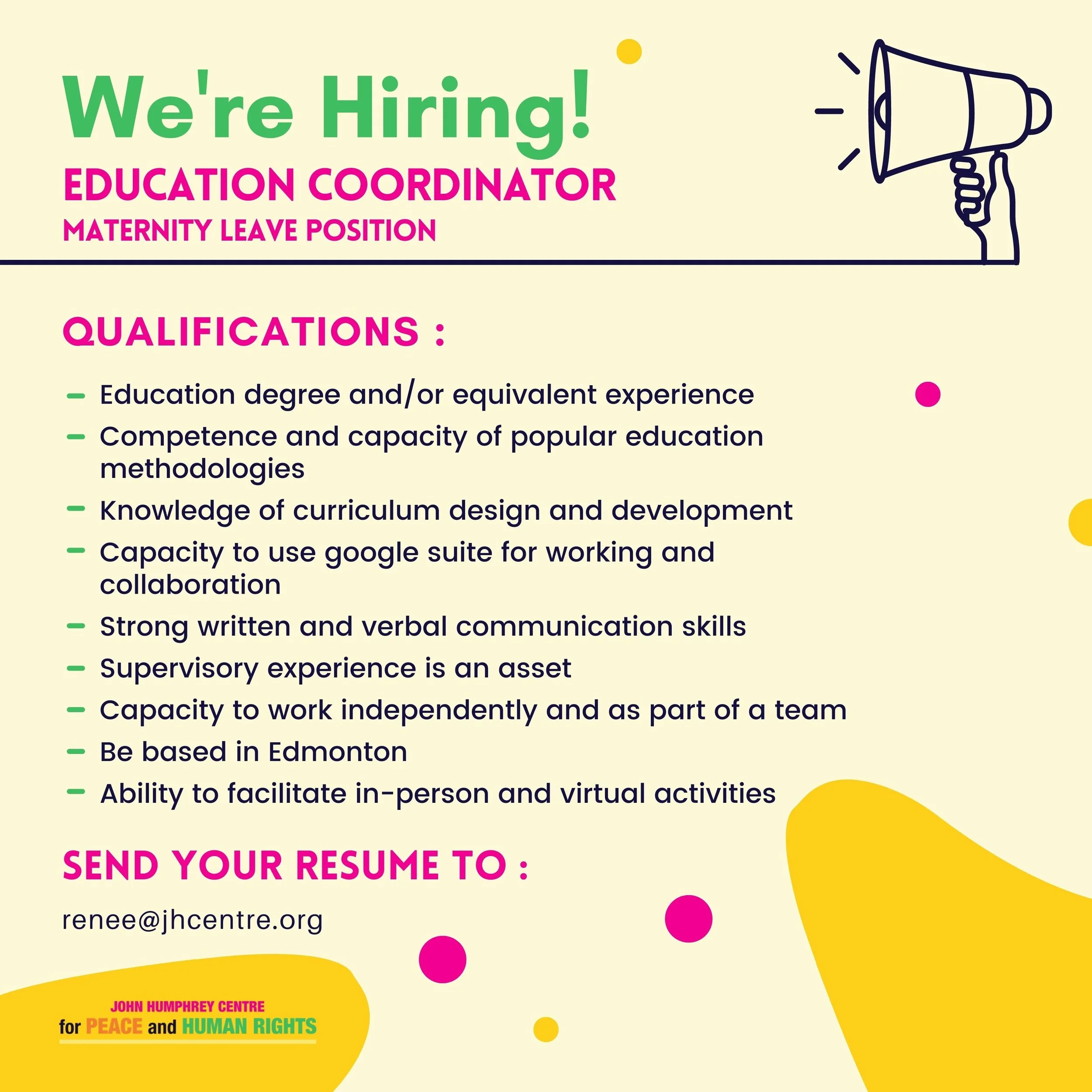 Role Filled: Education Coordinator - Maternity Leave Position