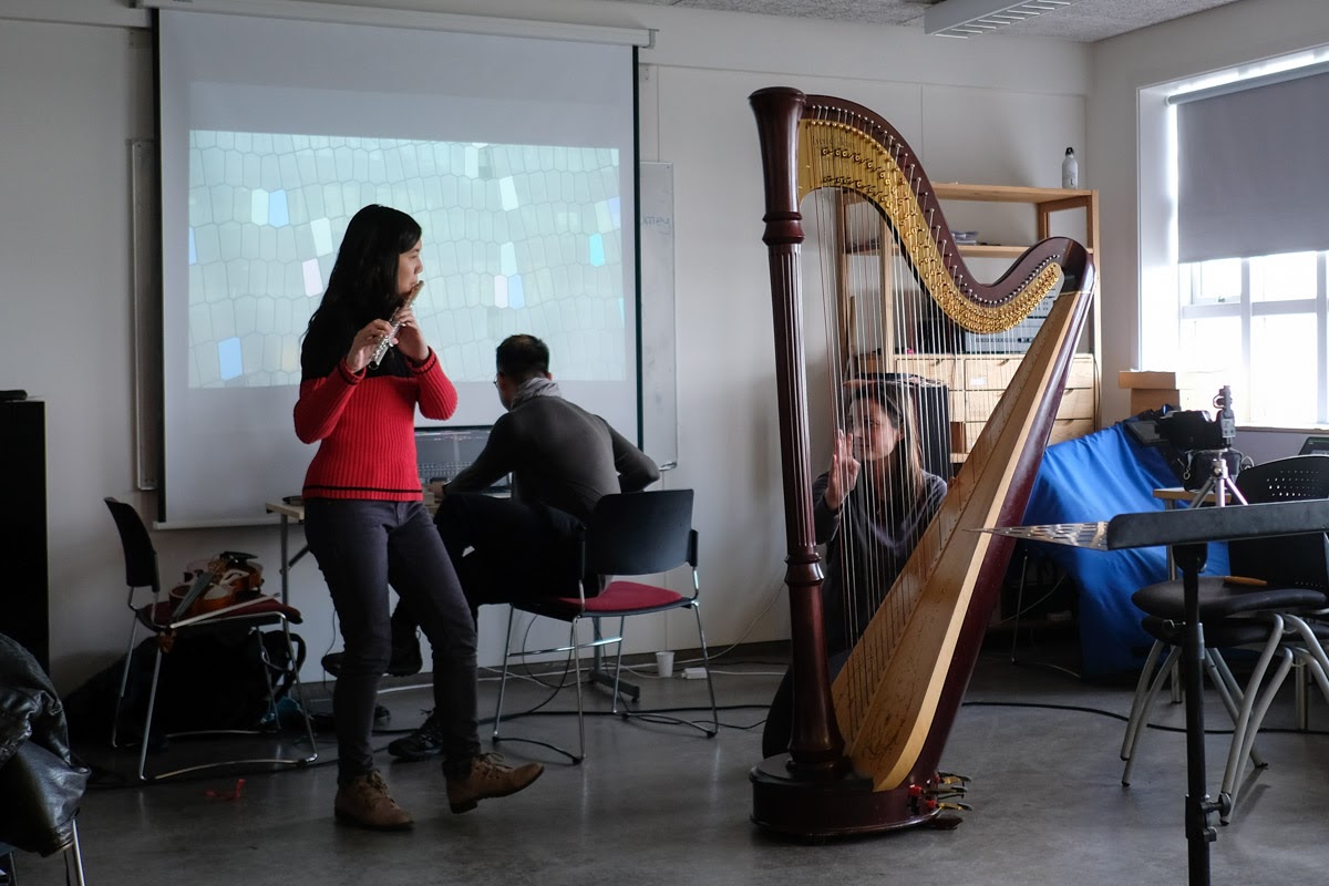 Above: YST flute major Rachel Ho (left) and violist Mervin Wong (centre) present ‘Journeys’ with Hague student Michela Amici.