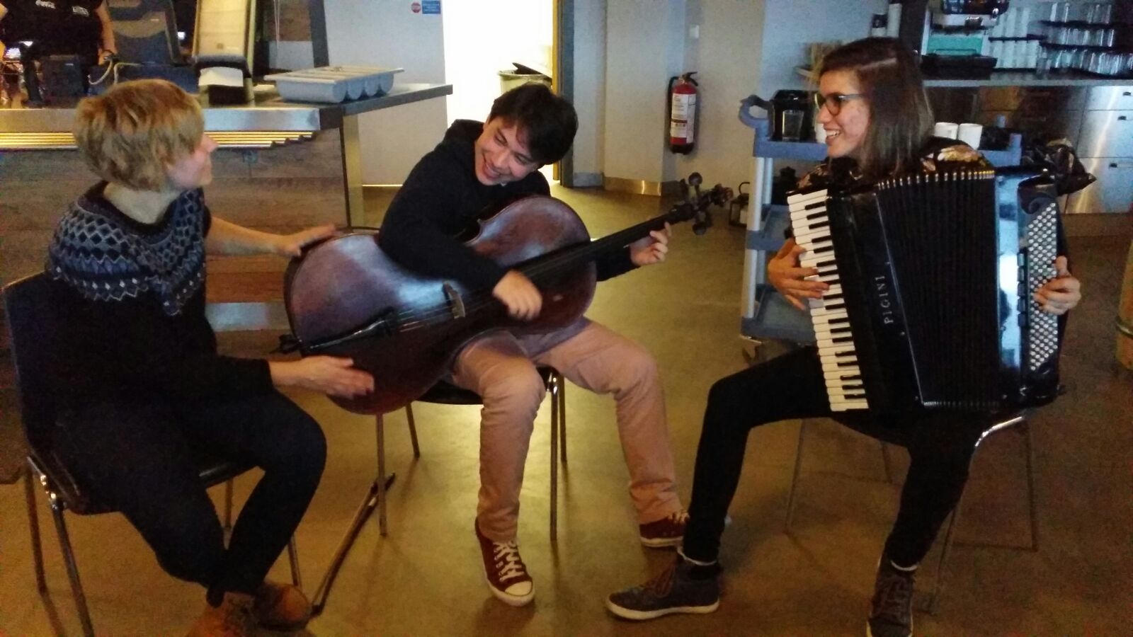 Above: Noah (middle) enjoying a collaborative jam session with students from the NAIP Masters program