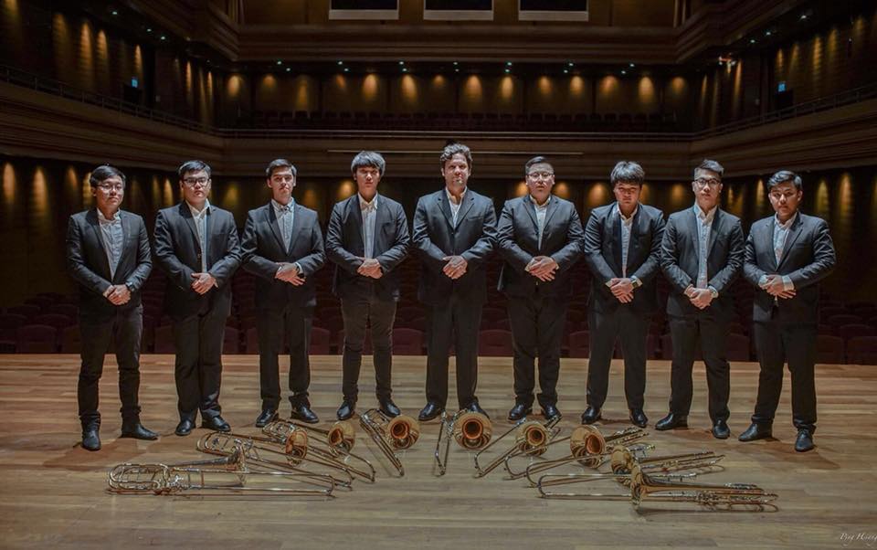 Above: The YST Trombone Choir, with Pradch Limvoranant (third from right), Pawin Pungbua (far right) and Zachary Bond, Artist Faculty for Trombone (centre).
