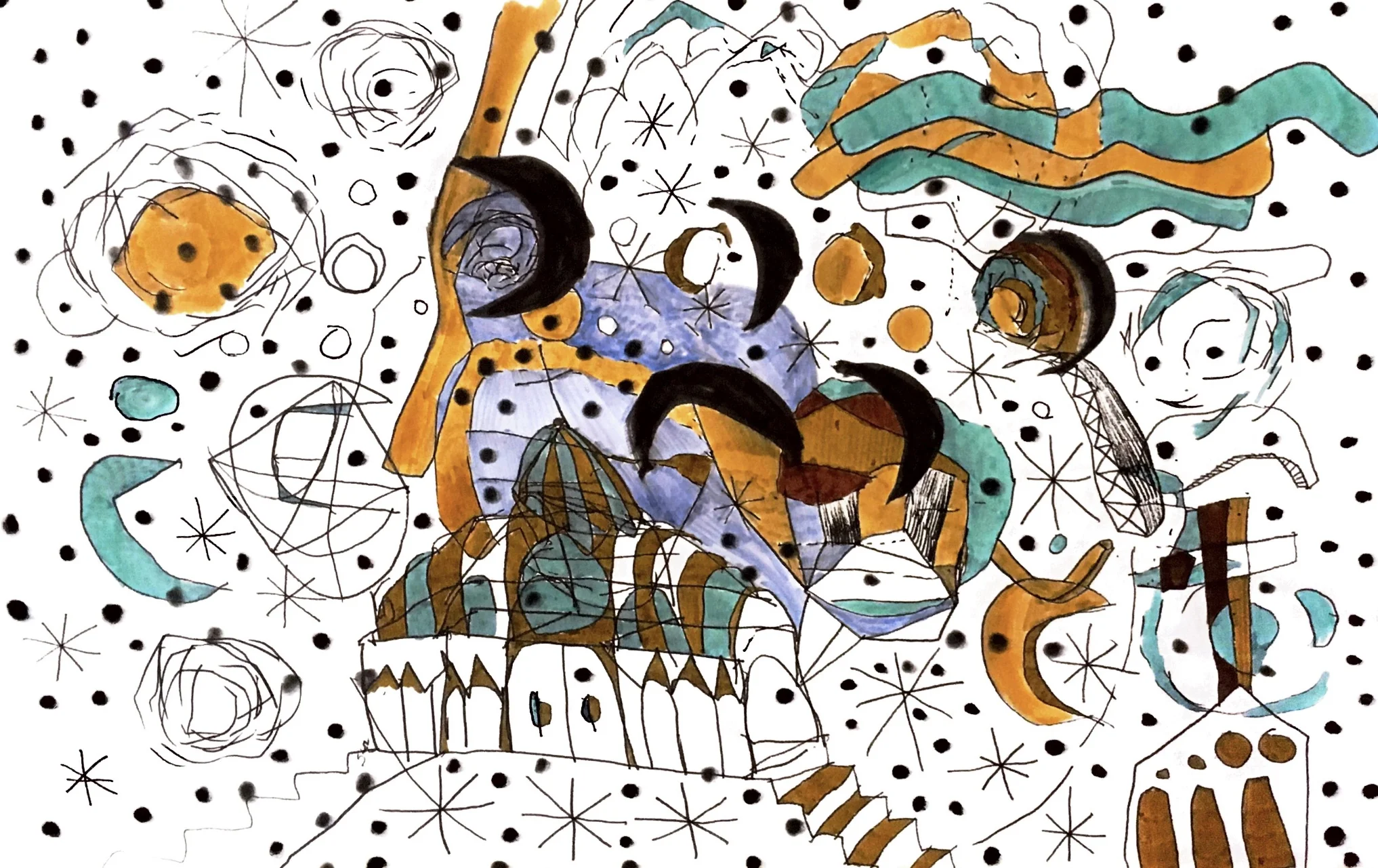 « Flying religious building through stars and moons » 2018 drawing 423x329mm.