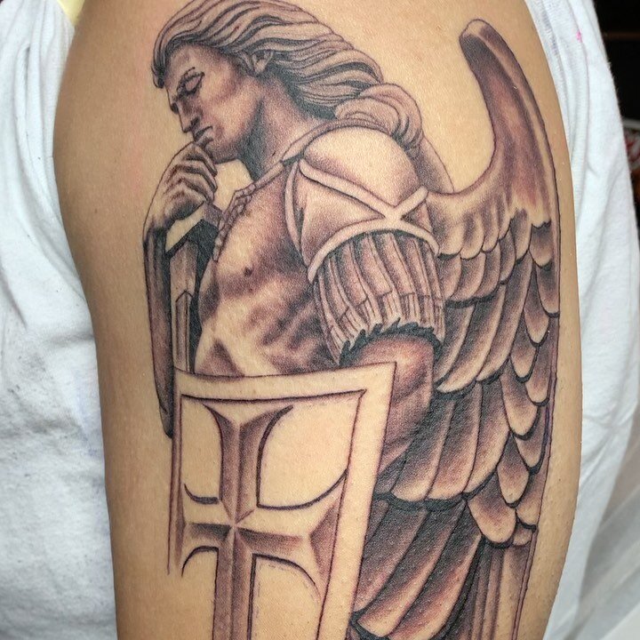Incredible Grey Ink Archangel  St Michael Killing Evil Tattoo On Half  Sleeve