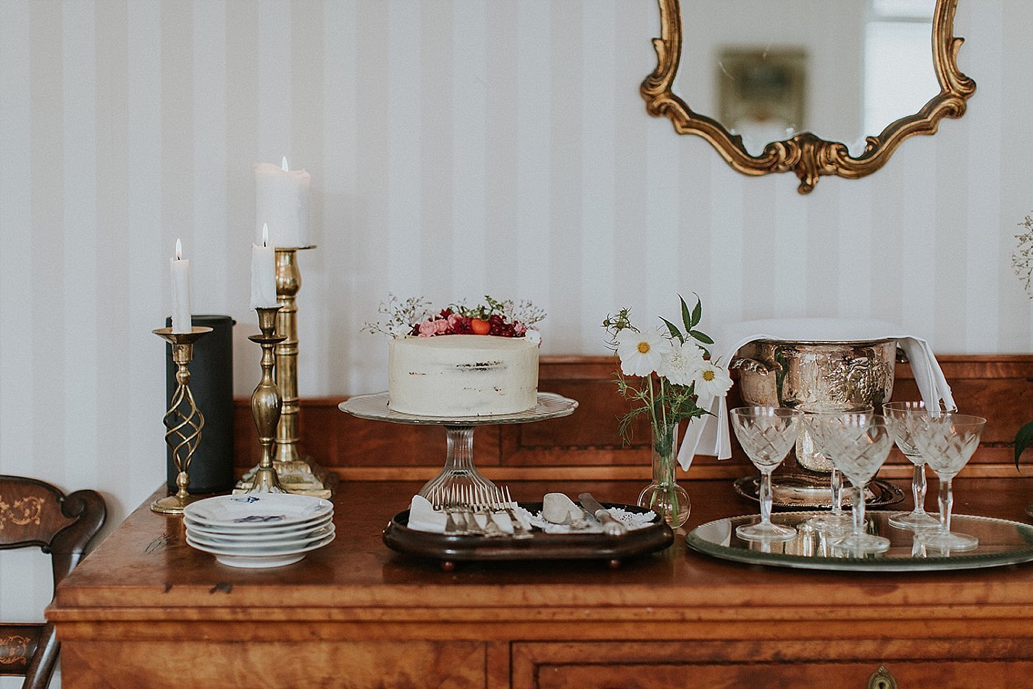 small wedding cake on vintage buffet | full-service destination wedding | get married in Denmark | Aero Island | Danish Island Weddings | Denmark wedding planners and venue