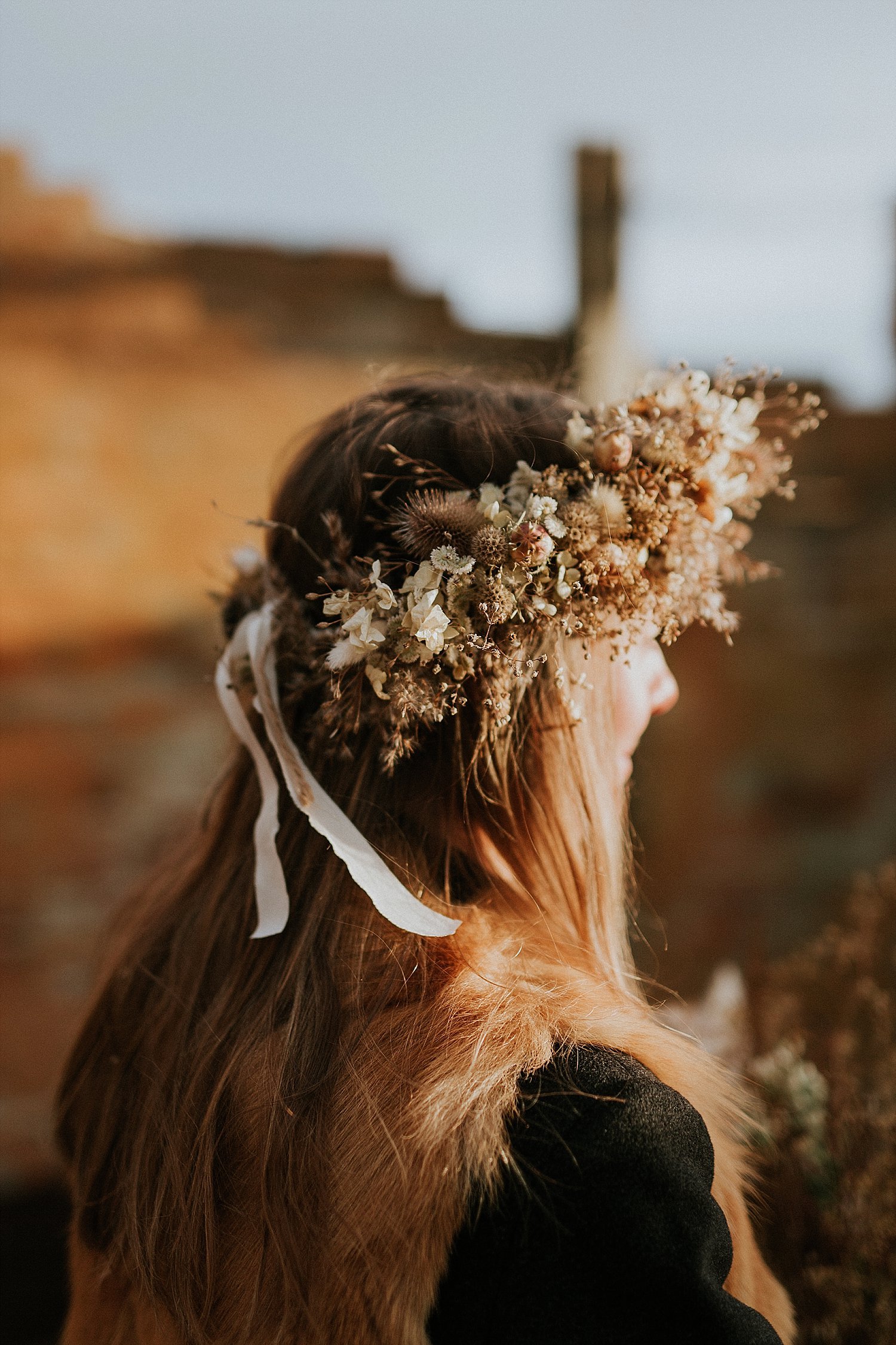 muted tone floral crown for winter wedding | winter wedding flowers | destination wedding | get married in Denmark | Aero Island | Danish Island Weddings