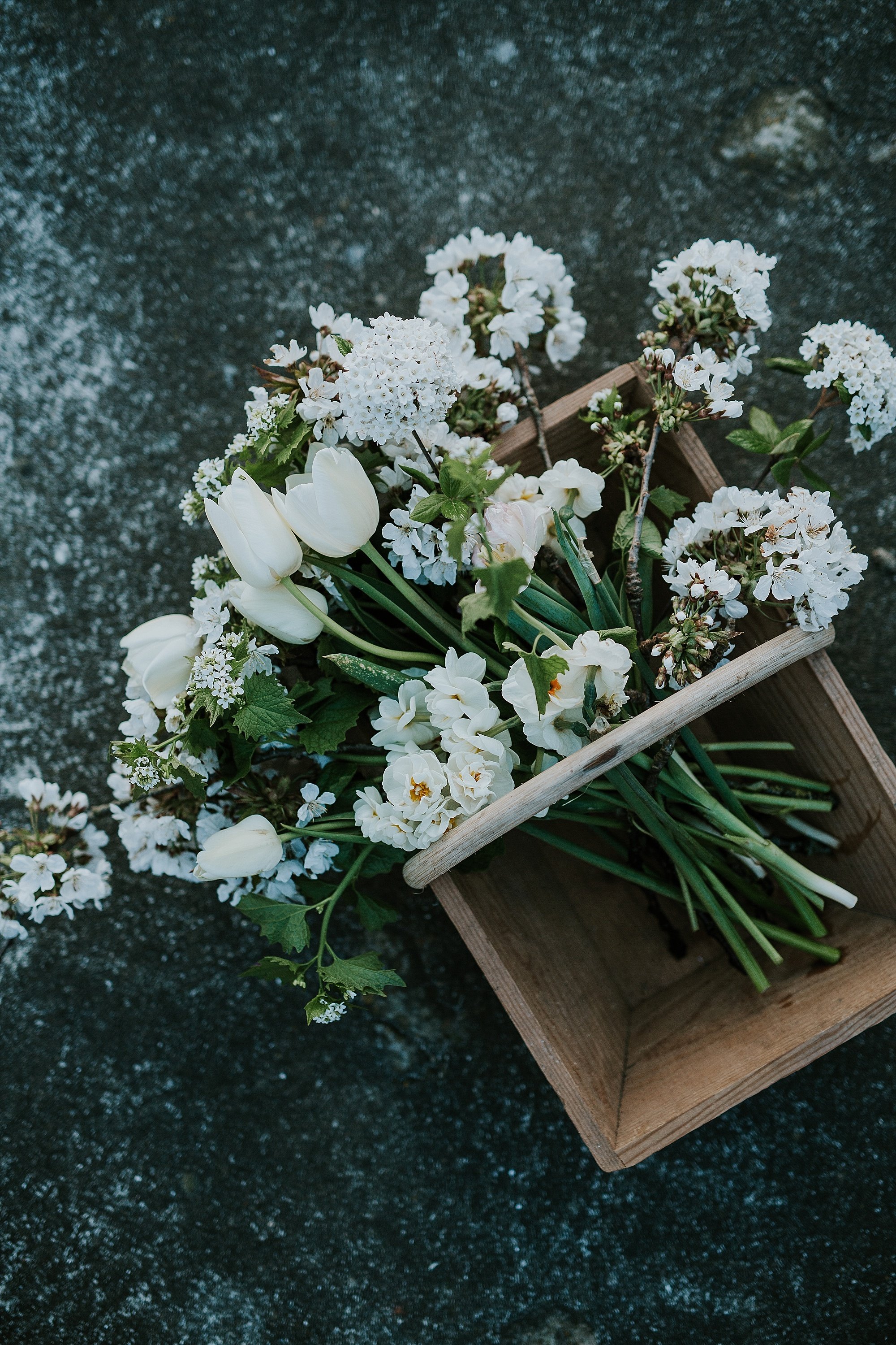 white flowers and tulips in basket | Denmark wedding planners and florist