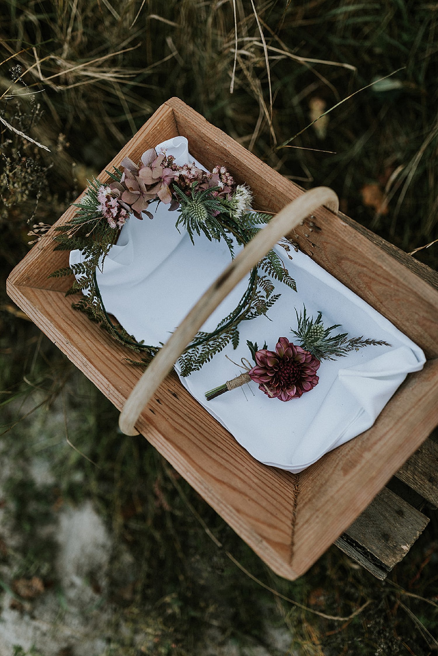 fall autumn wedding flower crown and boutonniere in basket | elope abroad | Aero Island | Danish Island Weddings | Full service Denmark wedding planners 