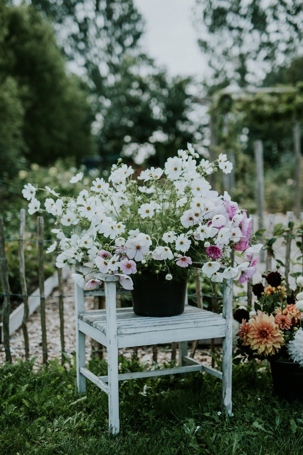 vase of white and pink flowers on chair in garden | Aero Island | Danish Island Weddings | Full service Denmark wedding planners