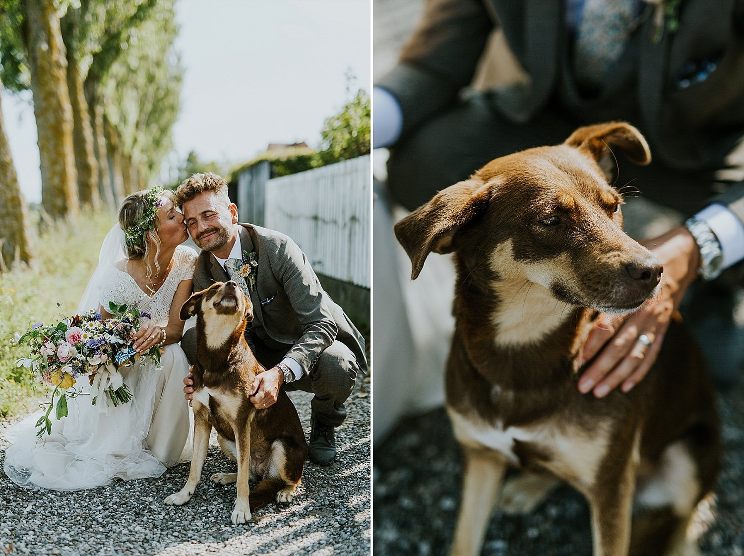 Newlyweds Yuki and Michael crouching on the romantic Molestien path in Aeroskobing, Denmark, petting their Ukrainian rescue dog Ivana.
