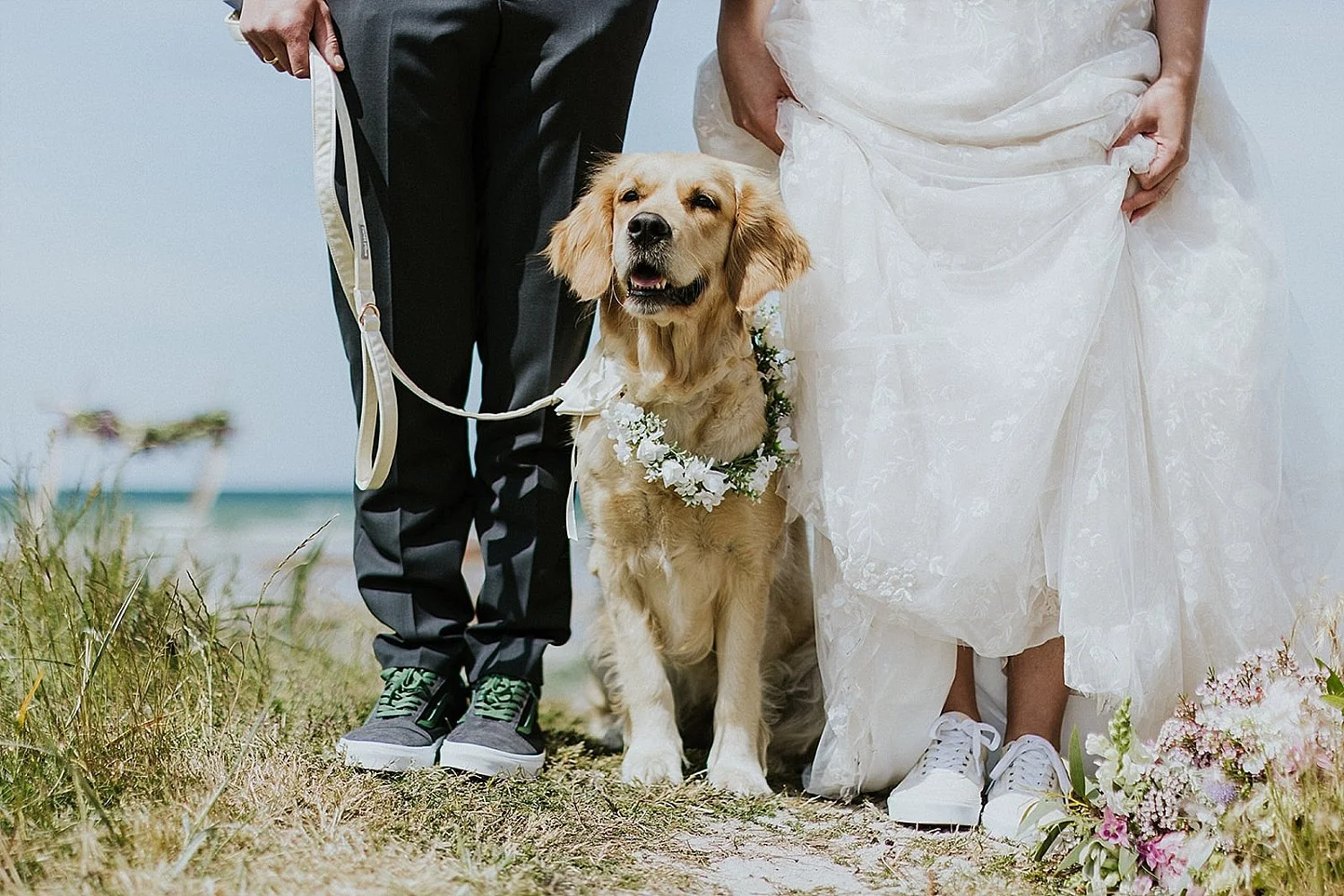 Happy Golden Retriever wearing a flower wreath standing between its owners' feet on a beach during a wedding in Denmark.