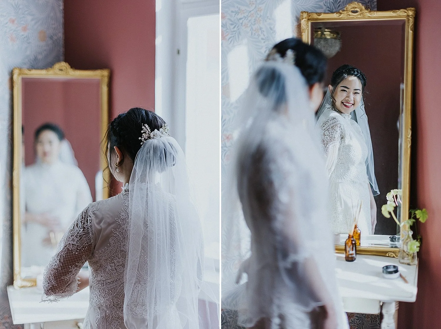 Split screen image of an Asian bride from behind showing her bridal updo with a veil and hair jewelry next to her smiling reflection in the mirror