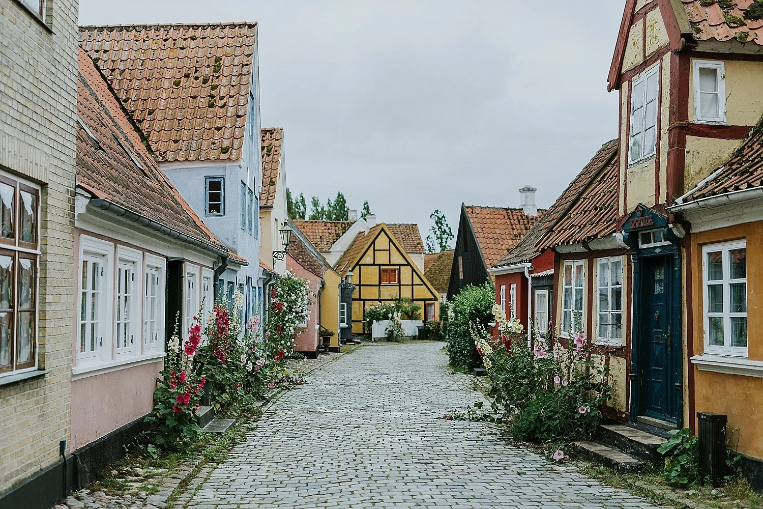 Historic cobblestone street with traditional pastel houses in the old town of Aeroskobing on Aeroe Island Denmark.