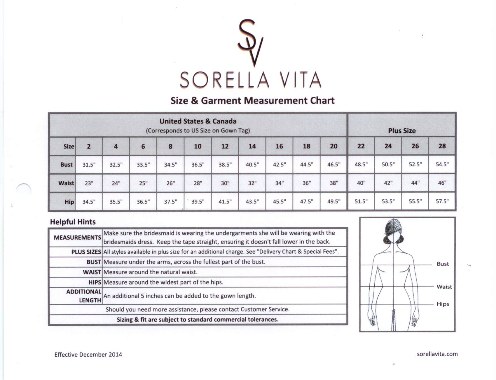 Sorella Vita Size Chart