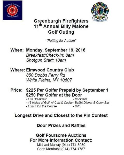 September 19th is our 11th Annual Billy Malone Golf Outing.  Come &quot;Putting for Autism&quot; with us.  Message us for sponsorship opportunities. #greenburghfirefighters #iaff #autism #autismawareness #golf