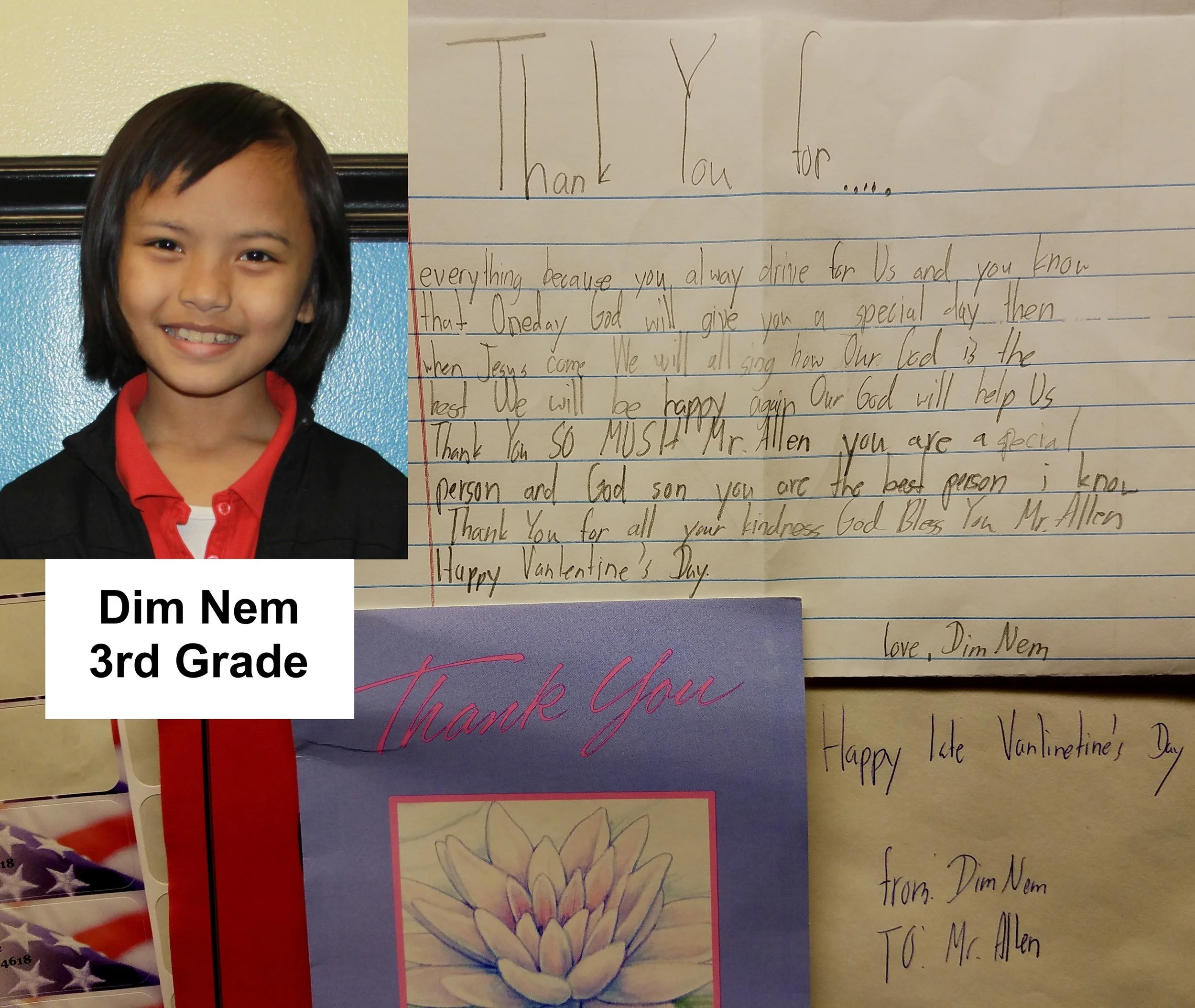 The joy one feels from gratitude shown is overwhelming. Above a Valentines Day card and note received from a young Zomi refugee child, a benefactor of F.R.E.E.'s ongoing christian education program.