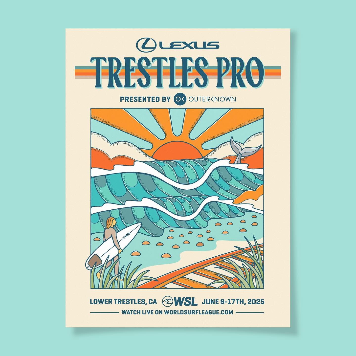 The @wsl Trestles Pro presented by @outerknown kicks off today! So stoked to share the event artwork I had the opportunity to make! It&rsquo;s so much fun sitting down and drawing those perfect A-frames that break on the cobblestones. This one is sup