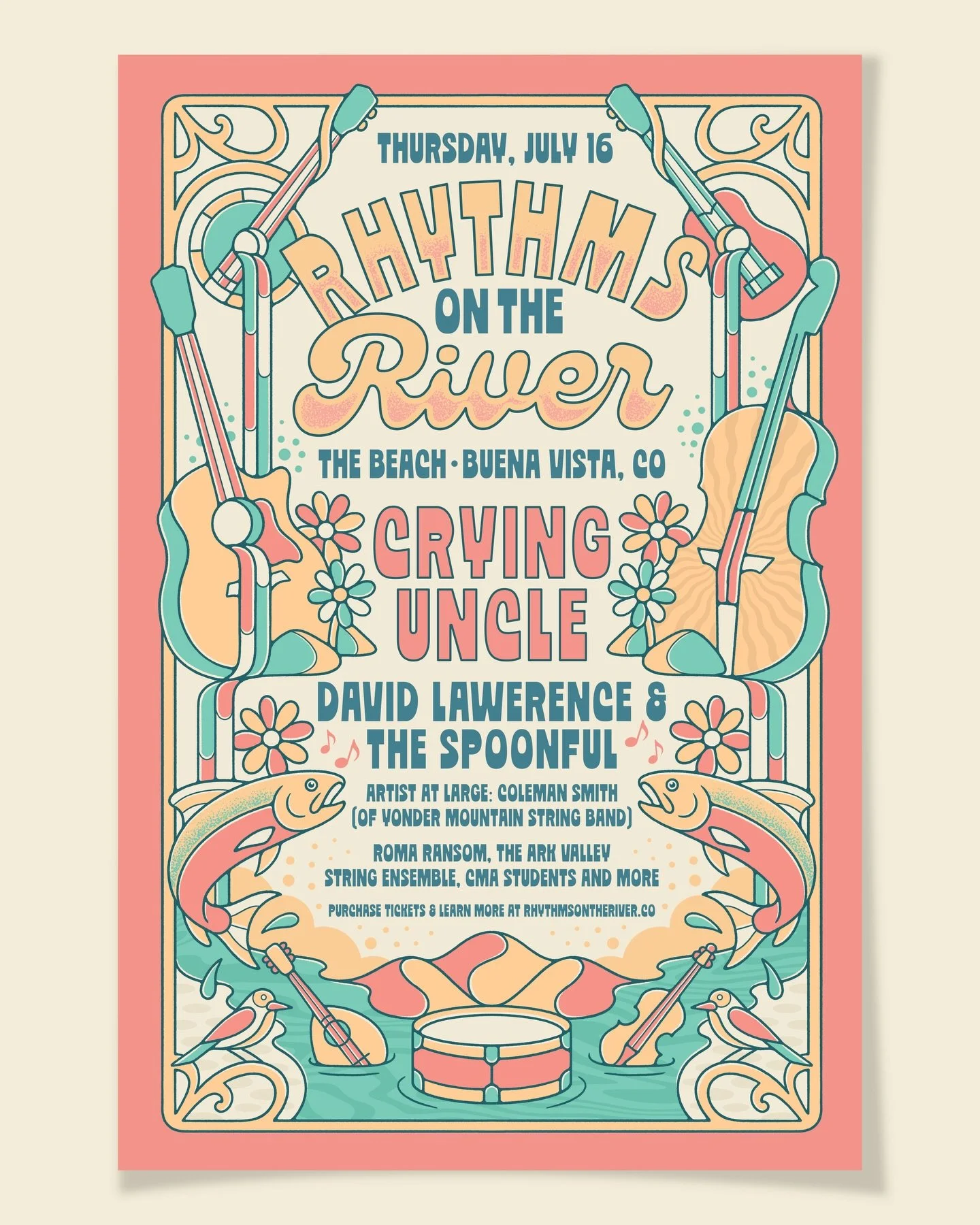 I love working on poster illustrations like this one for the Rhythms on the River festival! It&rsquo;s such a fun challenge working in elements that make each event unique. With this festival being centered around bluegrass music, we made sure to inc