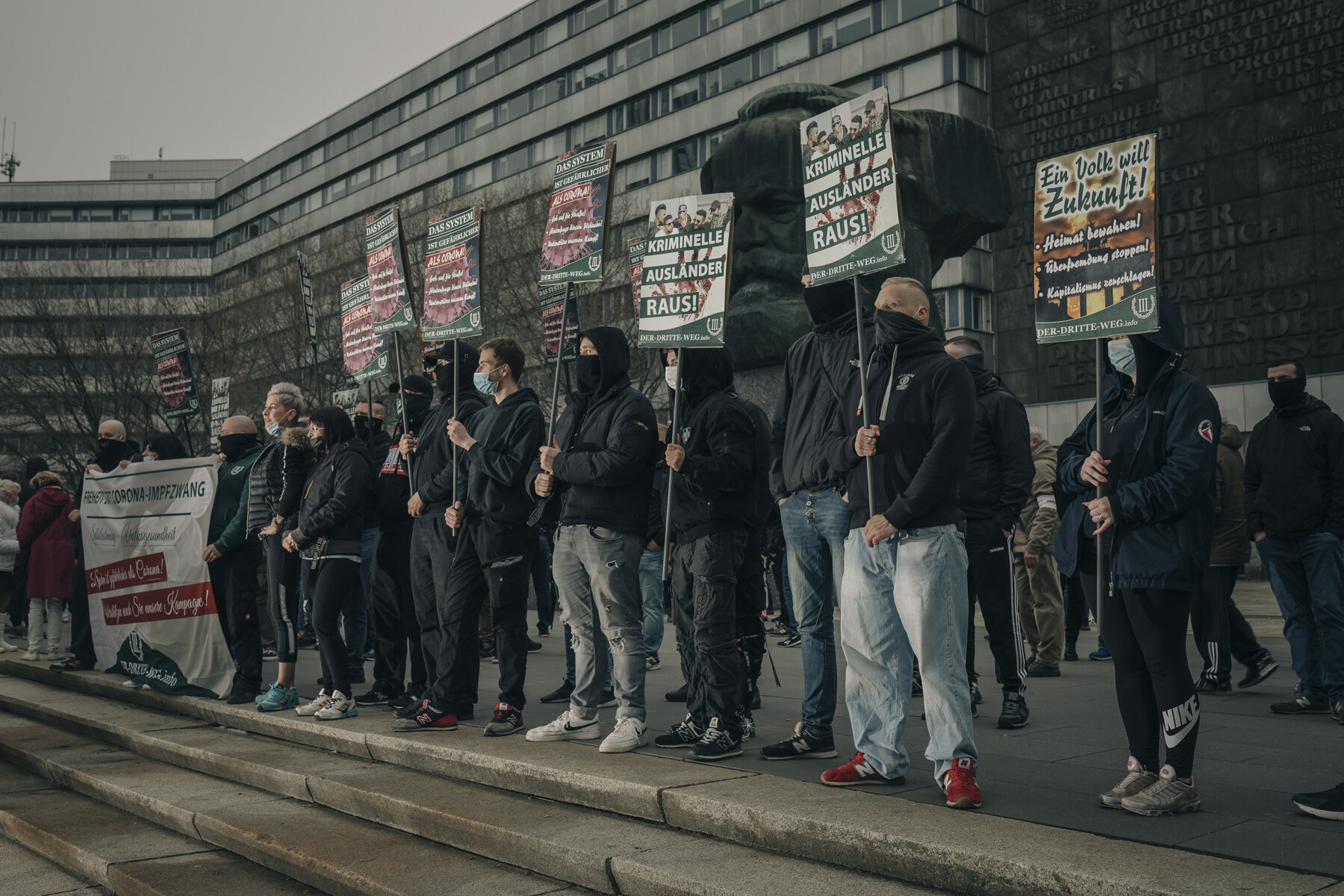  Neo-Nazis demonstrate against the measures to contain the pandemic in Chemnitz. During the Corona crisis, extremist right-wing movements in Germany receive a lot of growth from different parts of the society.  