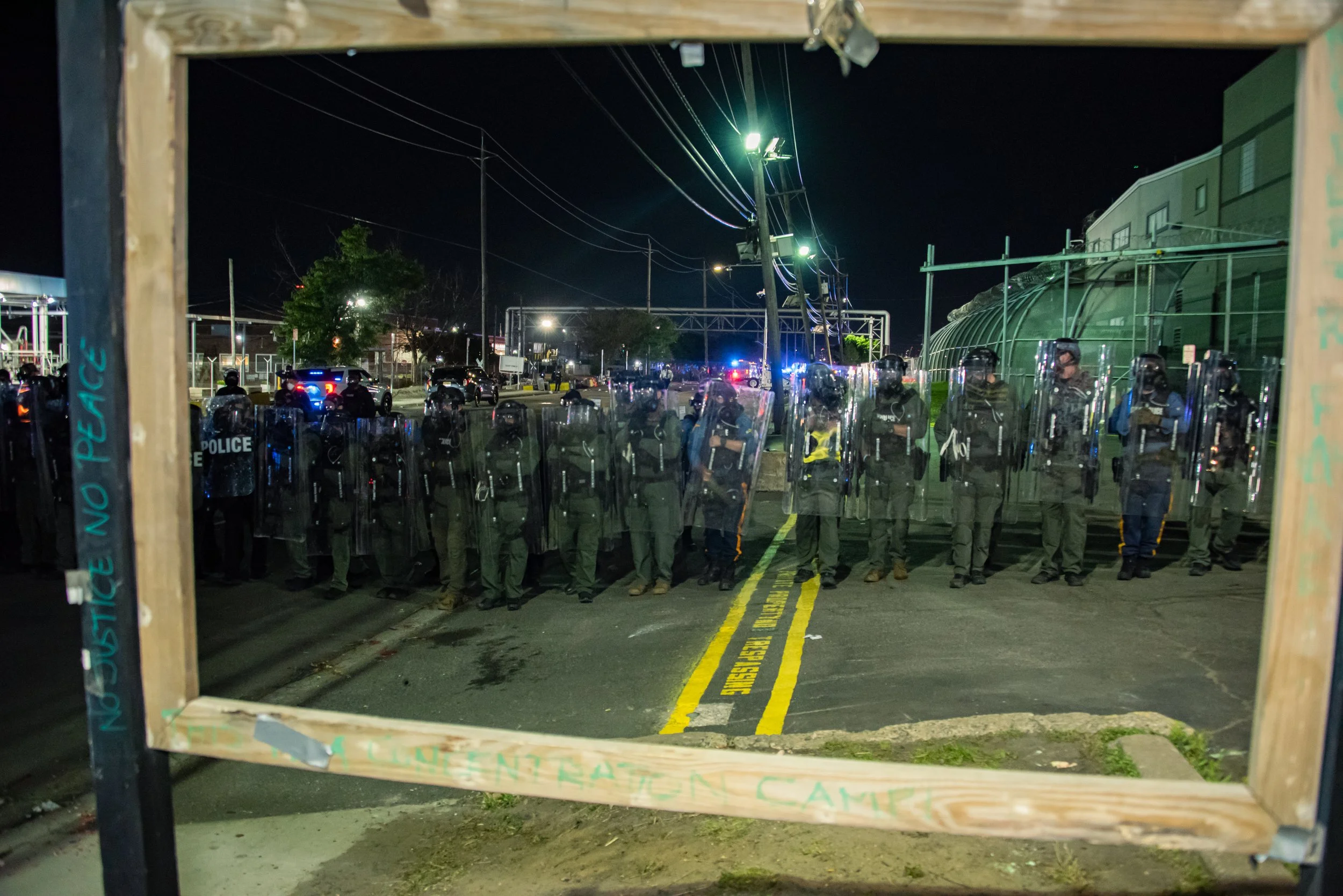  New Jersey State Police in riot gear clear the area outside Delaney Hall Detention by force. Delaney Hall, Newark, New Jersey - May 2026 