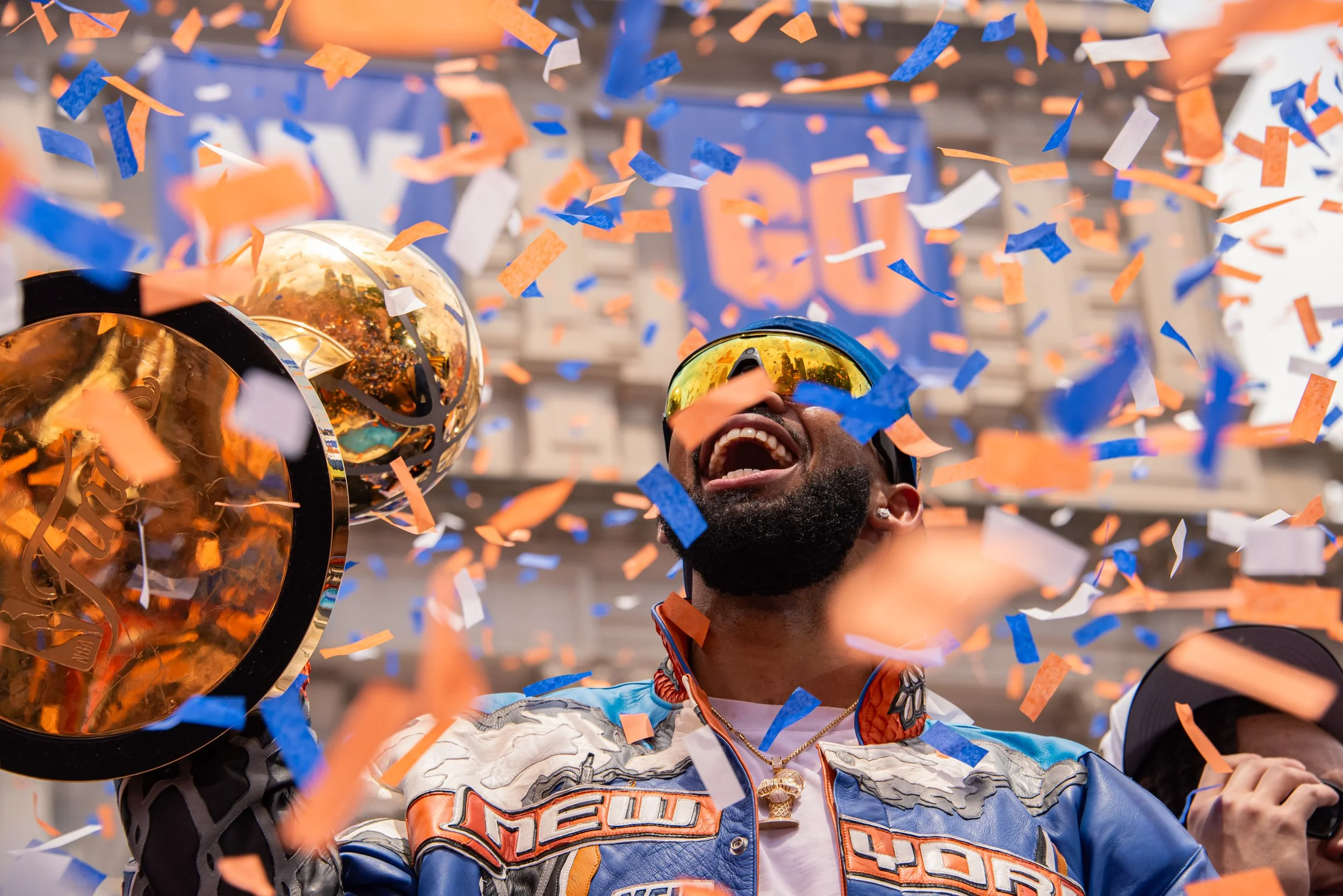  New York Knicks player Karl Anthony Towns&nbsp;holds the Larry O’Brien trophy while celebrating at City Hall In Manhattan, NY after the Knick won the 2026 NBA Championship. June 2026 