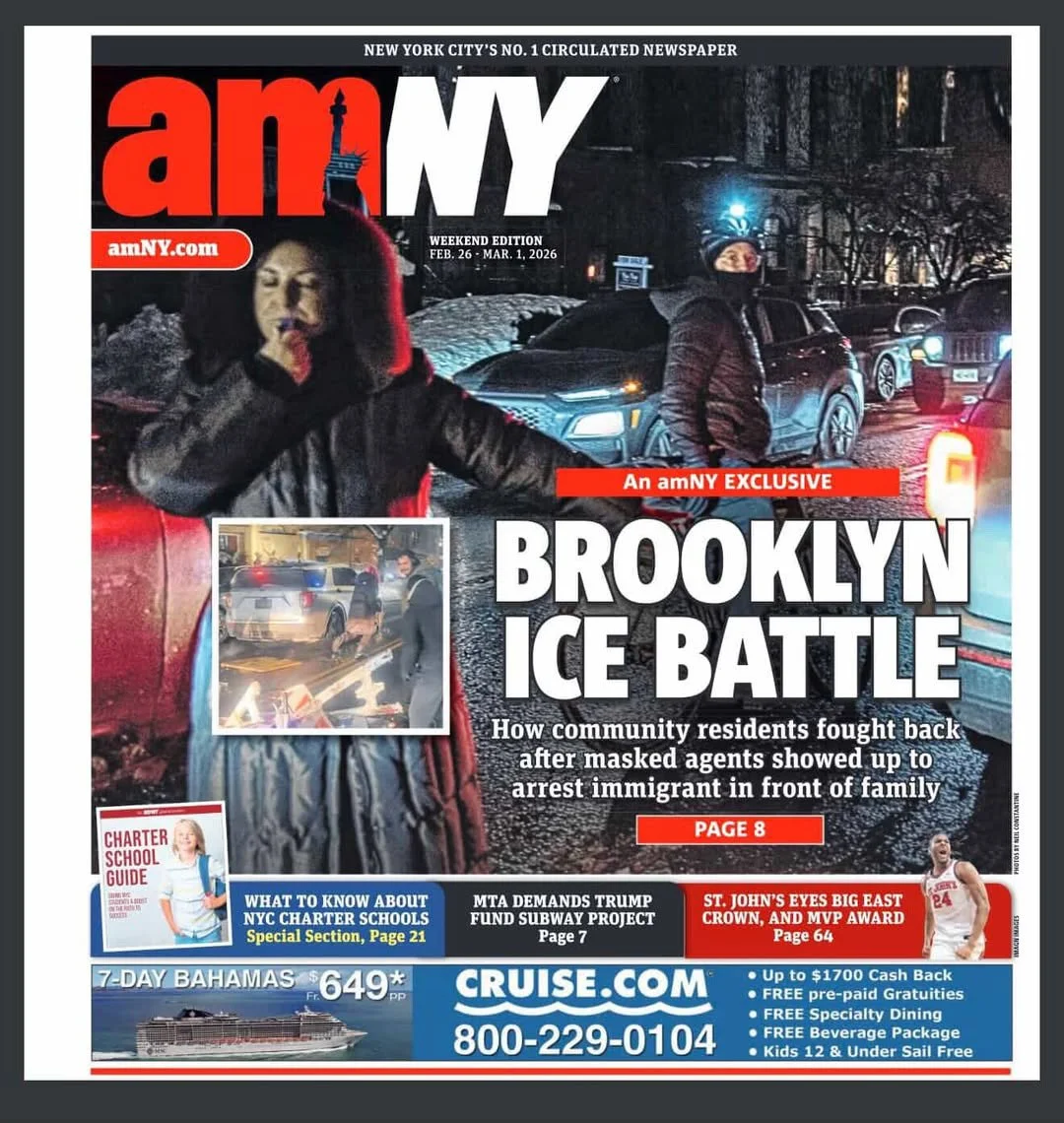 Community members rally against an I.C.E. vehicle still in the Bushwick, BK, NY area after a detainment had already occurred. (Photo was used on the cover of AMNY)
