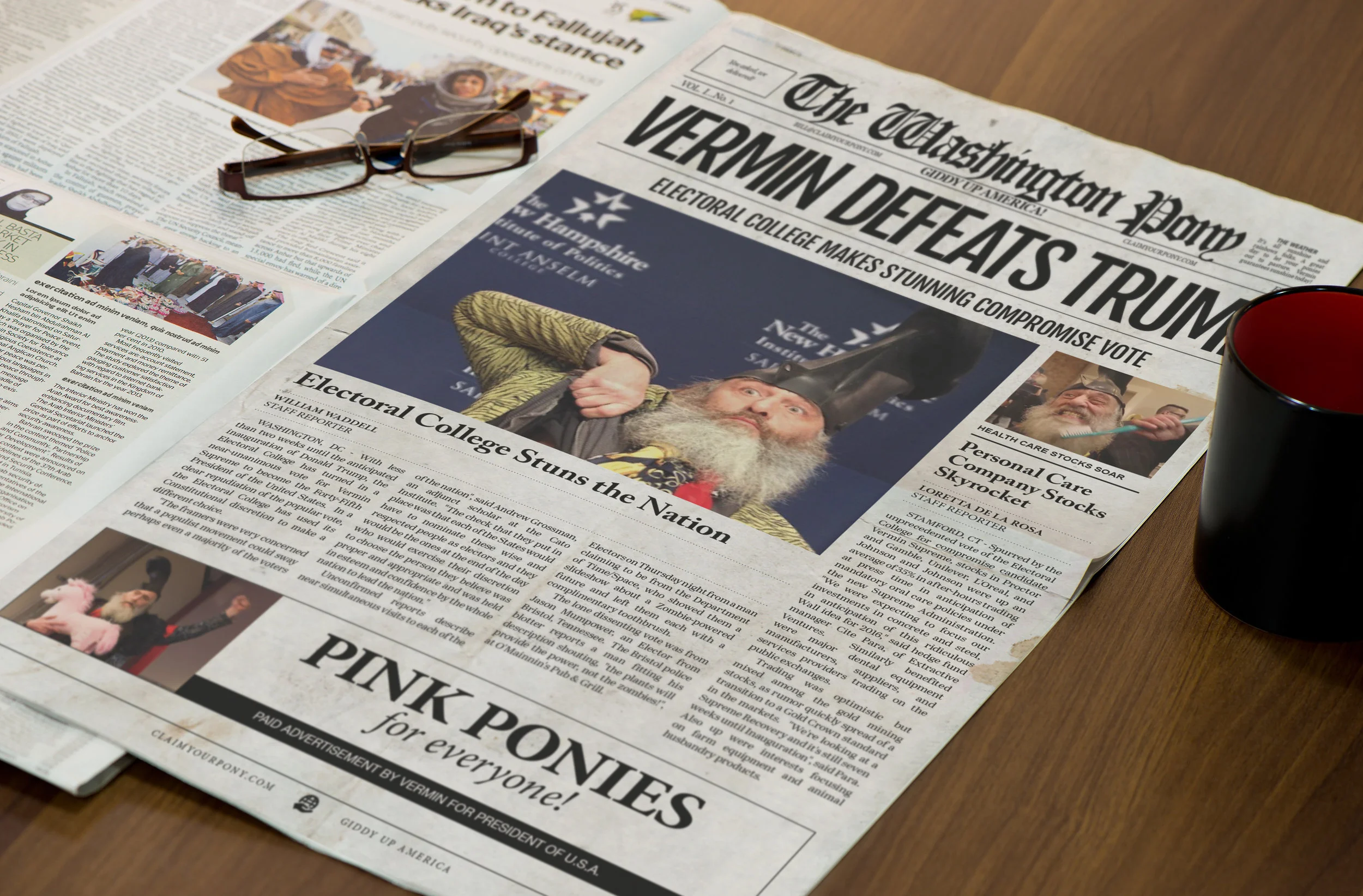 The Washington Pony This satirical newspaper front page was designed and developed by Newspaper Designers for Bill McGonigle of New Hampshire, USA. It is about Vermin Supreme. According to Wikipedia, "Vermin Love Supreme (born c. 1961) is an American performance artist and activist who has run as a candidate in various local, state, and national elections in the United States. Supreme is known for wearing a boot as a hat and carrying a large toothbrush, and has said that if elected President of the United States, he will pass a law requiring people to brush their teeth. He has campaigned on a platform of zombie apocalypse awareness and time travel research, and promised a free pony for every American."