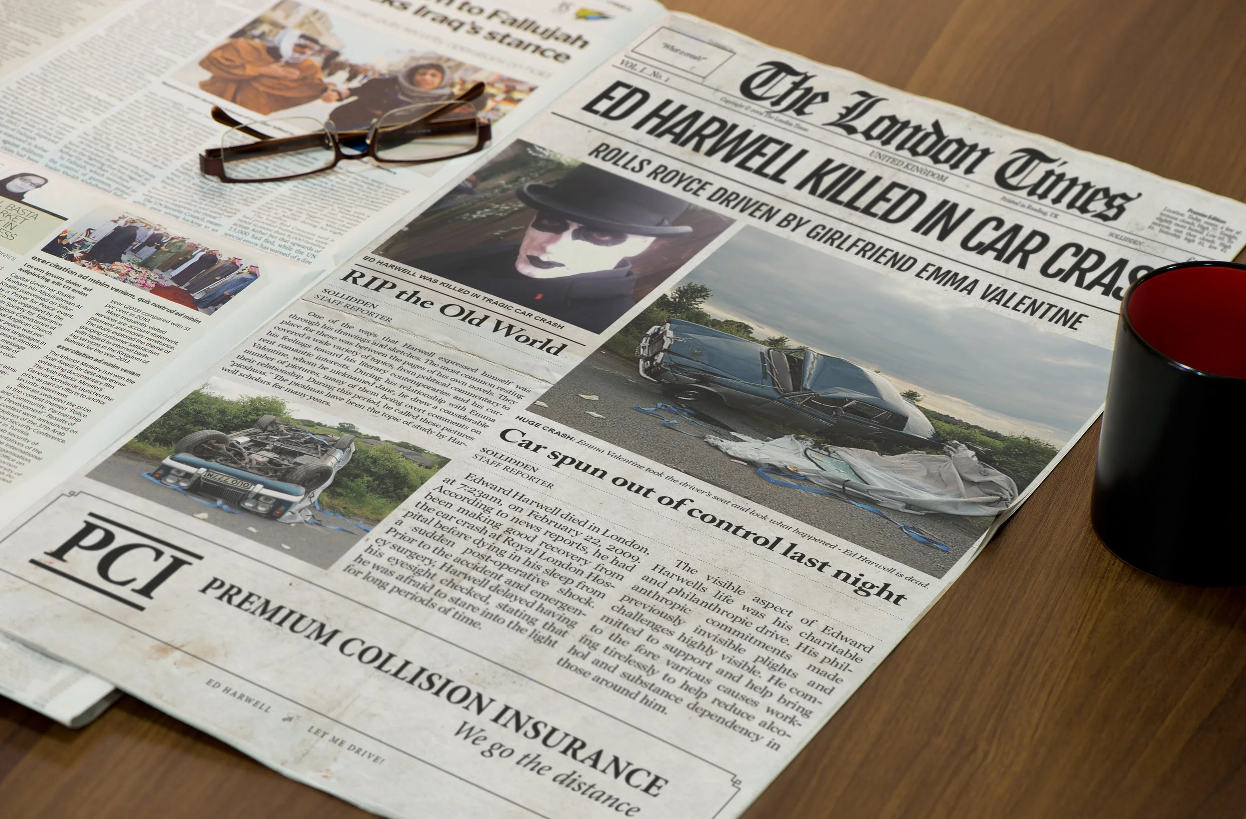 The London Times This satirical newspaper design was for a man in London, UK. It is about a man and his girlfriend getting involved in a car crash. Notice the ad at the bottom "Premium Collision Insurance."