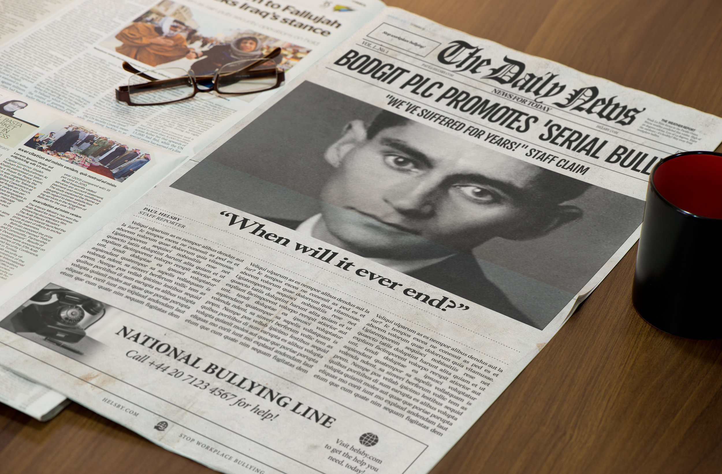 The Daily News This newspaper template was designed by Newspaper Designers for a man in the UK who was raising awareness for workplace bullying.
