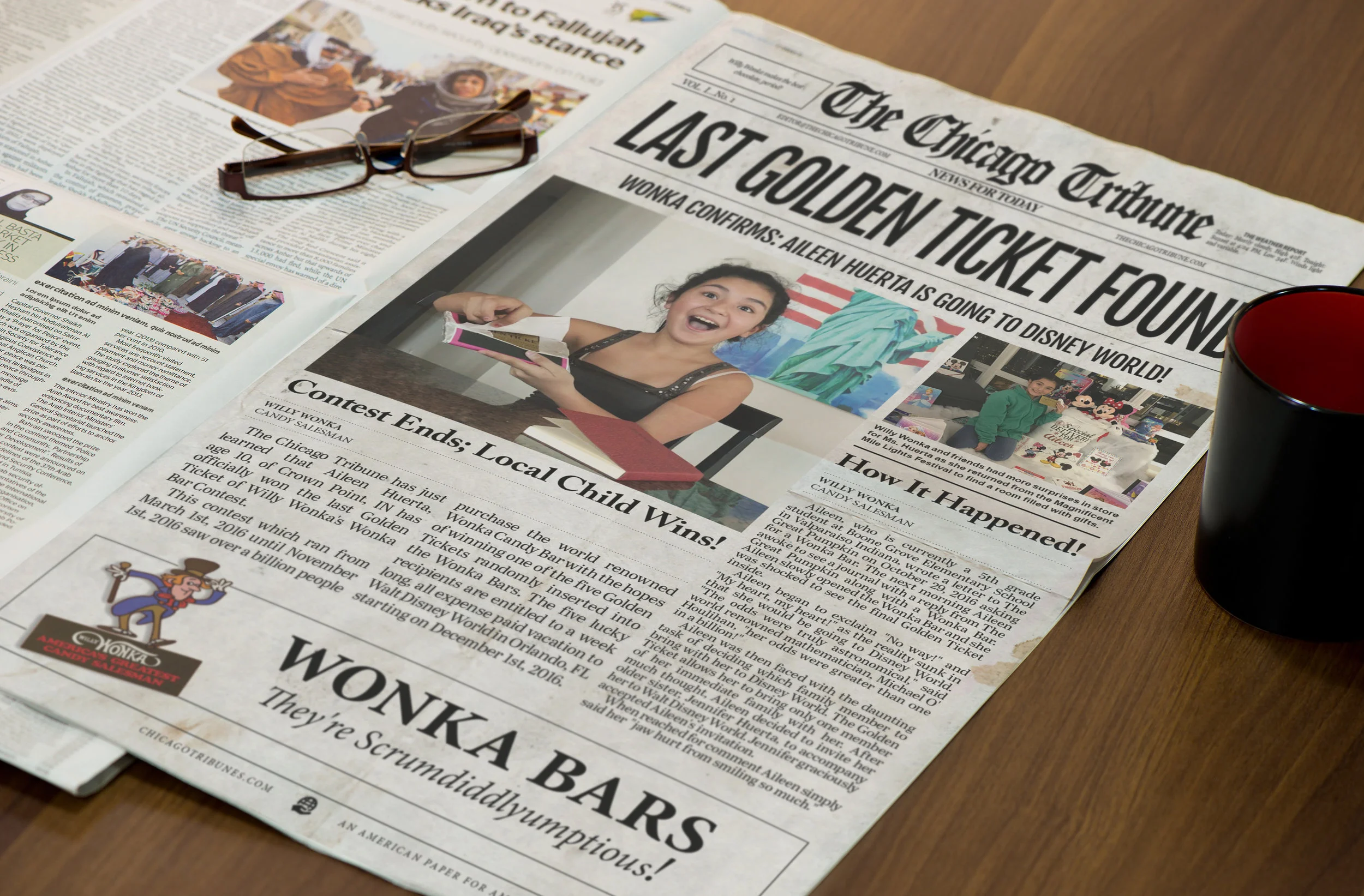 The Chicago Tribune This newspaper was designed for a girl who won the golden ticket - a trip to Walt Disney World in Orlando, Florida!