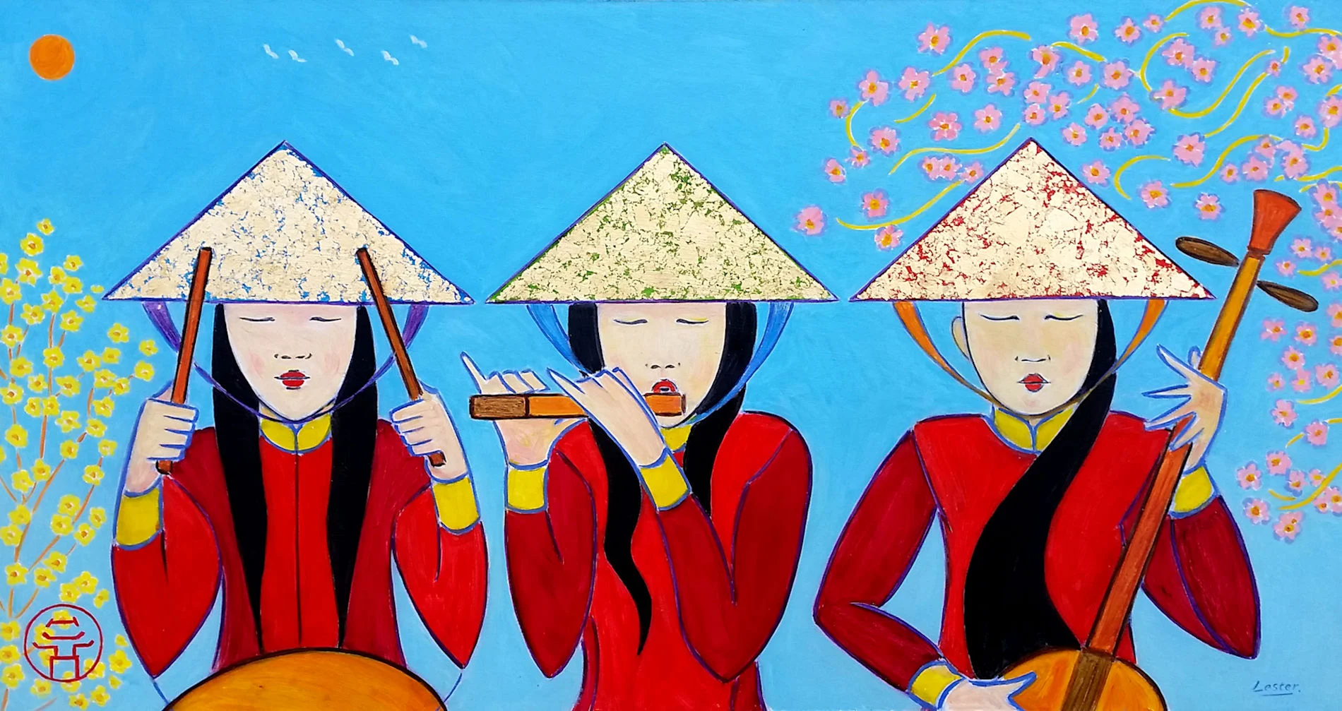 Tet Celebrations, Three Musicians. OIl on Board with gold leaf, 62 x 33cm