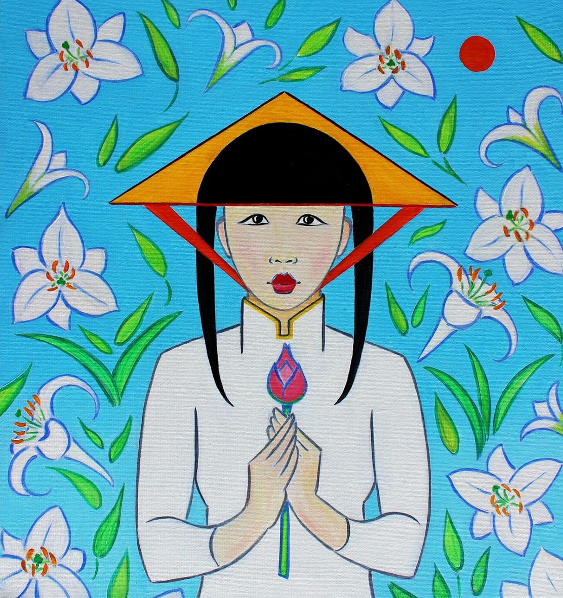 Vietnamese Woman with Lotus Flower and Lilies