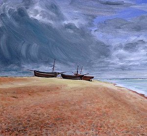 SOLD. Fishing Boats, Beach and Storm