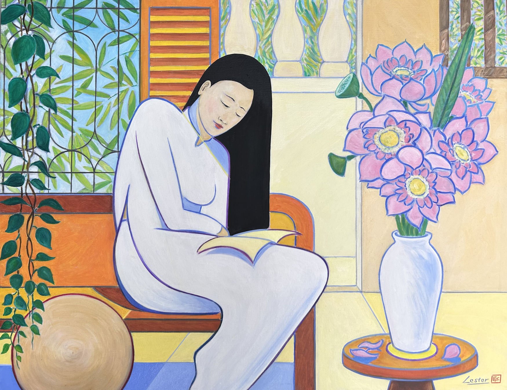 Woman Reading and Lotus Flowers