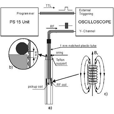 Experimental setup to map the B 1 intensity inside the RF coil and to monitor RF pulses. a) Pick-up coil inside the RF coil, b) pickup coil holder, c) linearly polarized B 1 field within the solenoid.