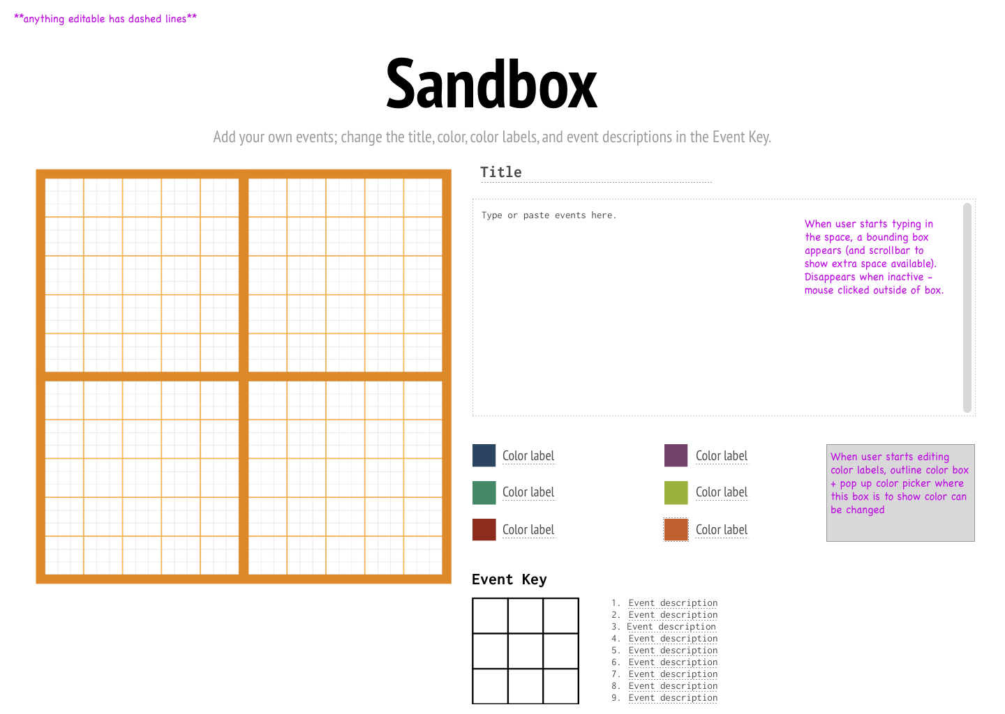 This mockup, which I created in Sketch, shows an updated version of the design. We reverted to the original orange color, and paid attention to how users might change the colors and add their own data.