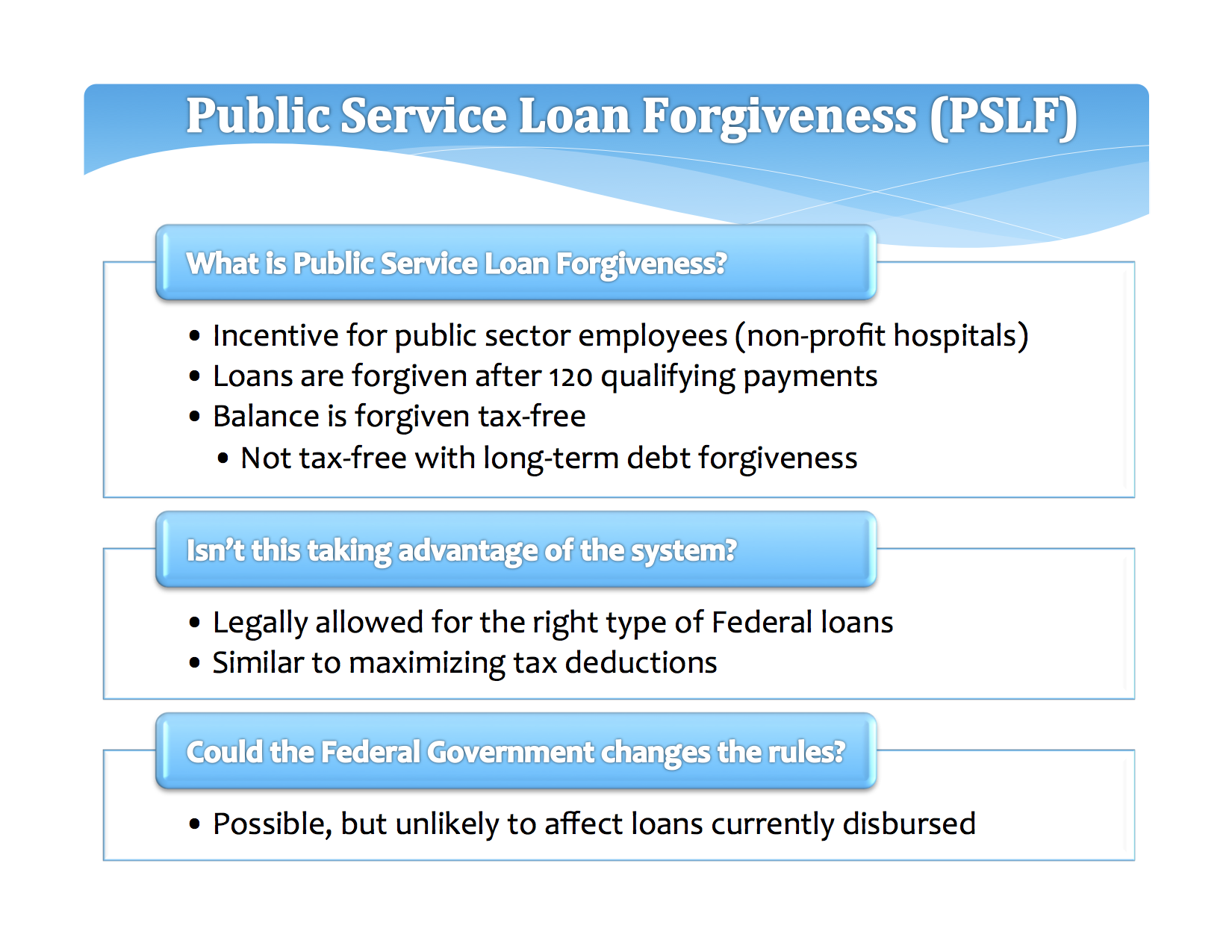 The tax-free forgiveness is huge. Otherwise, private sector physicians who get debt forgiveness are looking at a ticking "tax bomb" that could cost them anywhere between $25,000 - $100,000.
