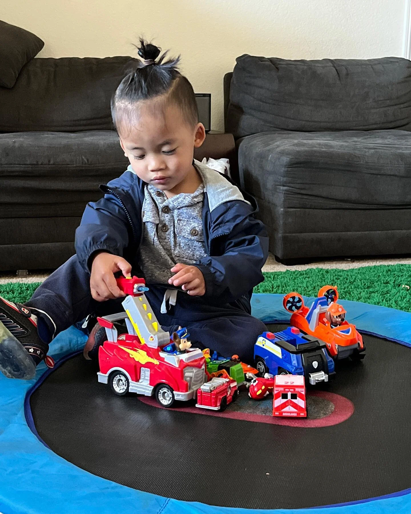 The calm before he realized what he could really do with his cars on his trampoline. 😂🤦&zwj;♀️🥰💙 #boyswillbeboys