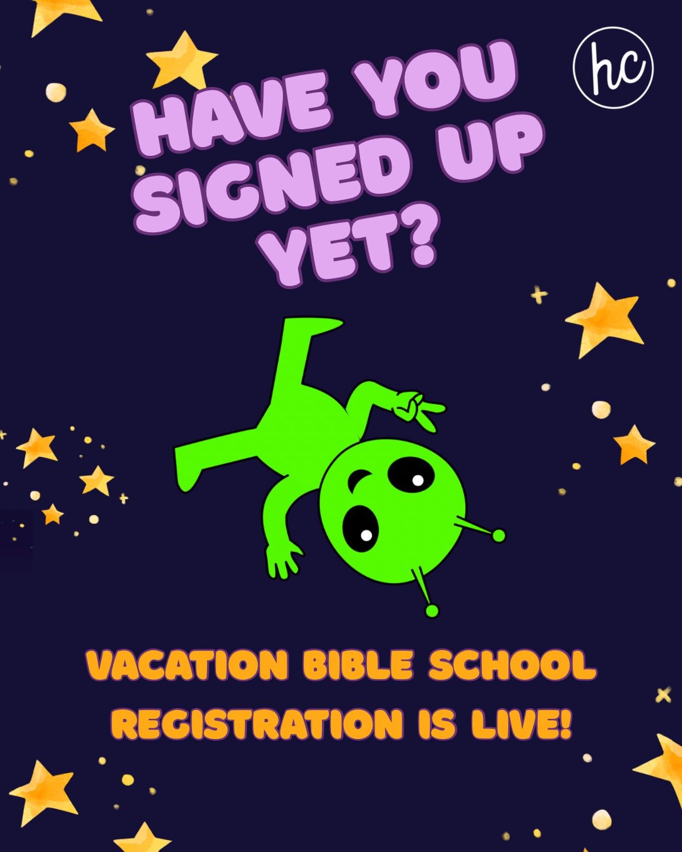 Our VBS registration link is LIVE! What are you waiting for? Kids age 3 (potty trained) thru incoming 6th graders are welcome at this free nightly event July 27 - July 30 @ 6:30 - 8:30p.

☀️👽 It&rsquo;s the BEST WEEK of the entire SUMMER! ☀️👽

http
